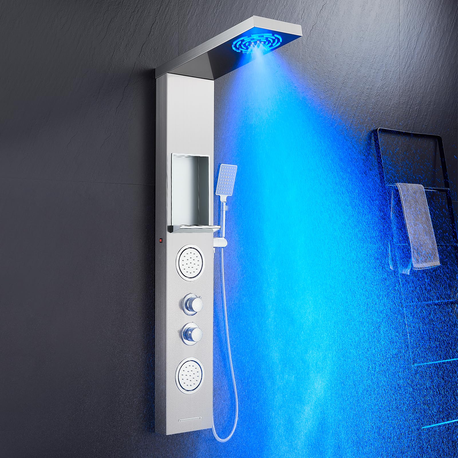 POPFLY Stainless Steel Shower Panel with LED Lights, Rainfall & Mist System - 2 Body Spa Jets, Shelf & Tap Spout - Brushed Nickel Finish for Luxury Bathroom Upgrade | Perfect for Spa-Like Experience at Home