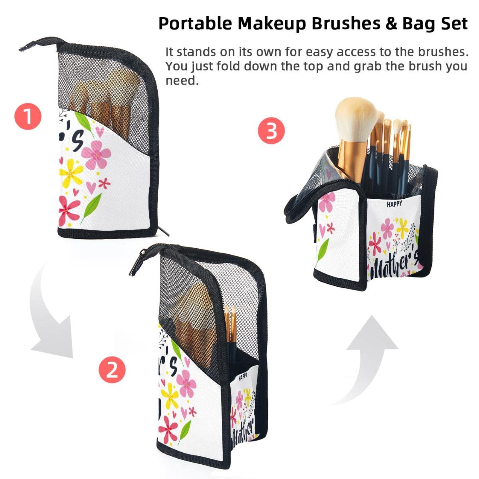 12-Piece Makeup Brush Organizer Bag with Portable Case - Flower Design Cosmetic Brush Holder for Travel & Home Storage - Perfect Mother's Day Gift for Makeup Lovers