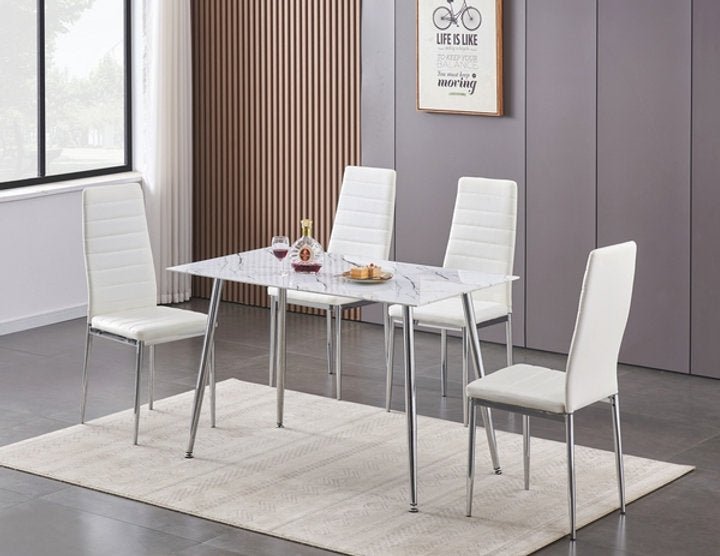 5-Piece White Marble Glass Dining Table Set with Horizontally Stitched Chairs - Modern Kitchen & Dining Room Furniture for Home Decor and Entertaining