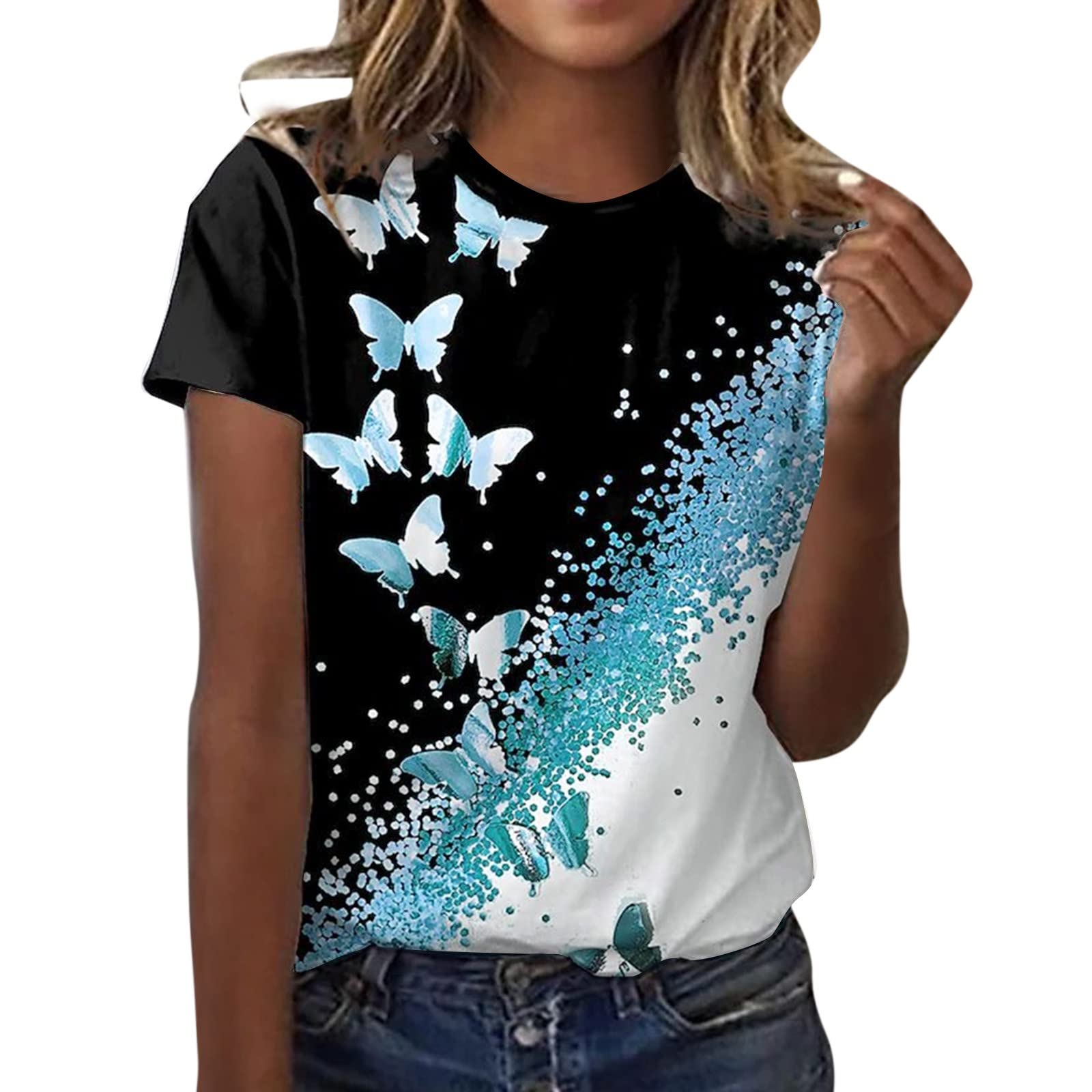 Plus Size Women's Cute Summer Tops - O-Neck Printed Short Sleeve T-Shirt in Solid Black | Casual Wear, Beach Outfits & Everyday Comfort