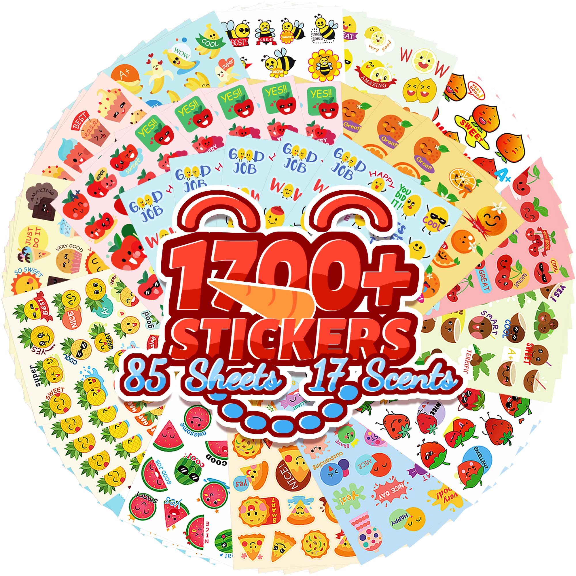HORIECHALY Scratch and Sniff Stickers for Kids - 85 Sheets with 17 Fun Scents, 1600+ Scented Stickers Featuring Cute Food & Fruit Designs - Perfect for Classroom Rewards, Party Favors & Sensory Play