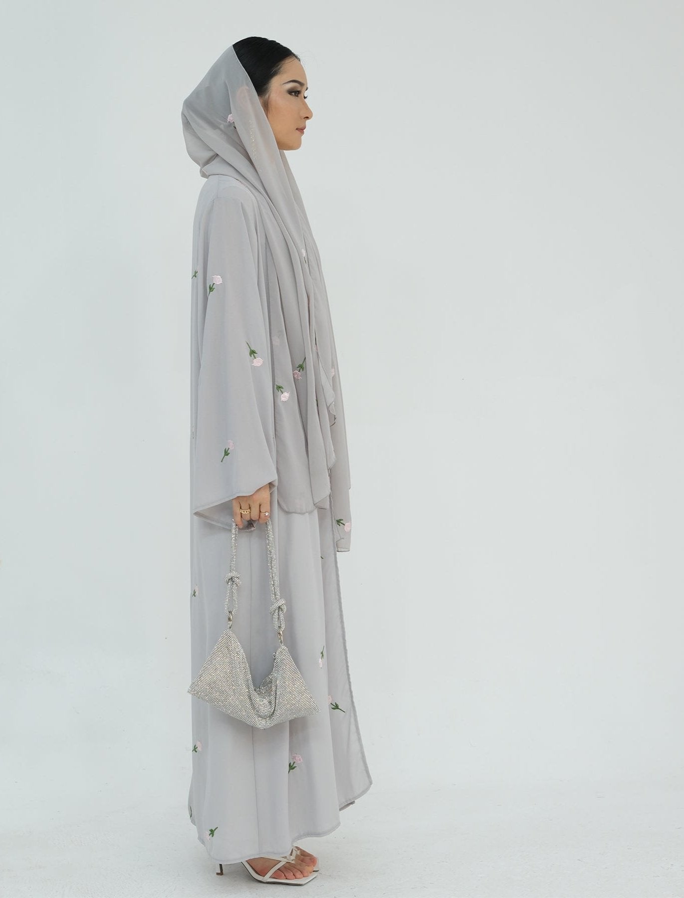 Elegant Aneela Chiffon Open Abaya Kimono Set in Gray - Perfect for Muslim Women's Prayer, Eid Celebration & Casual Wear