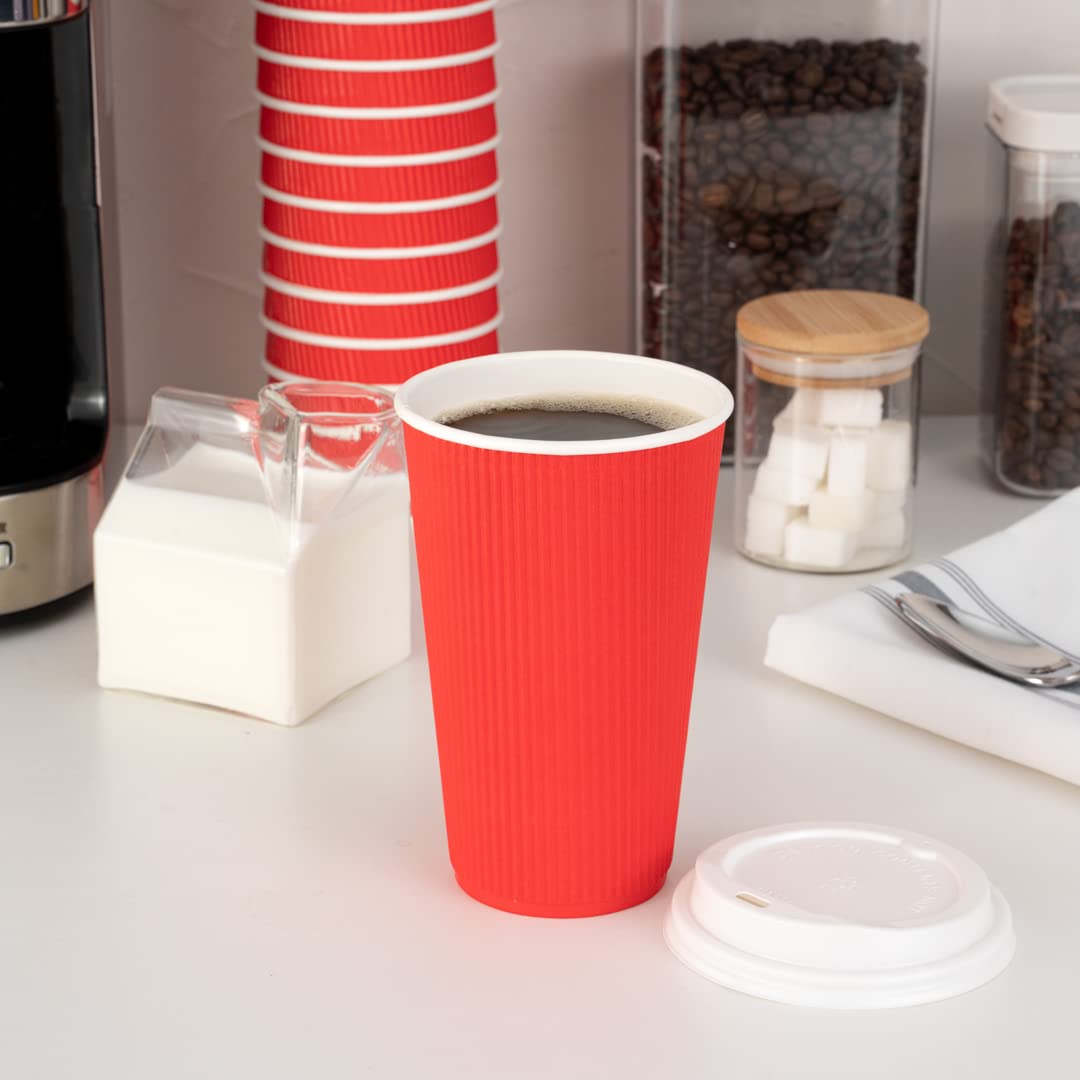 16oz Insulated Coffee Cups with Lids - 20 Pack Leakproof Ripple Wall Hot Cups | Disposable Red Paper Coffee Mugs for Tea, Hot Cocoa & Lattes | Perfect for Restaurants, Cafes & Office Break Rooms