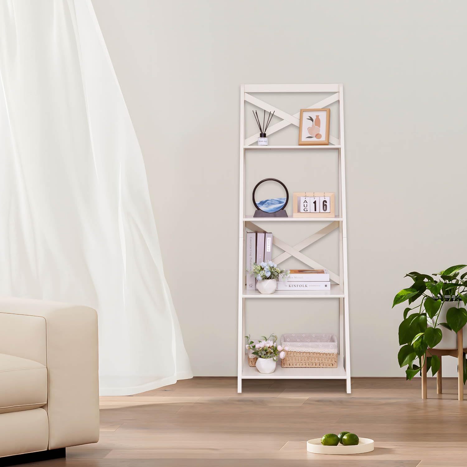 4-Tier Ladder Bookshelf - Tall Standing Wooden Display Shelf for Living Room, Bedroom, Office | Leaning Bookcase & Plant Shelf for Home Decor & Storage