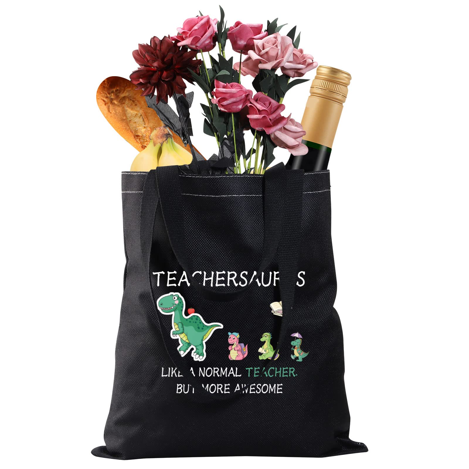 Dinosaur Teachersaurus Tote Bag - Funny Teacher Appreciation Gift, Reusable School Bag for Women & Men - Perfect for Teacher Thank You Gifts, Classroom Supplies & Work Commute