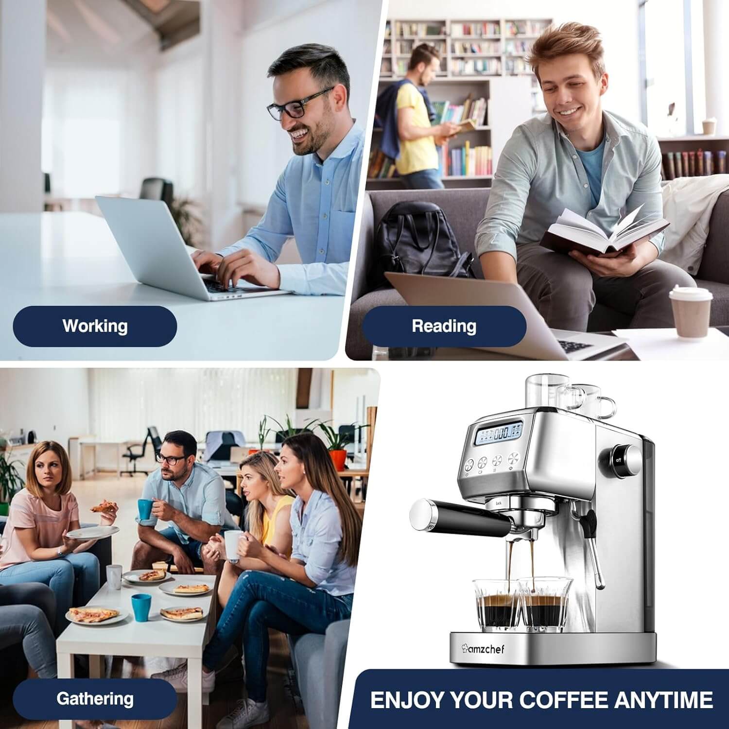AMZCHEF 15Bar Espresso Machine with LCD Display & Milk Frother for Home Barista - Perfect for Lattes, Cappuccinos & Coffee Drinks