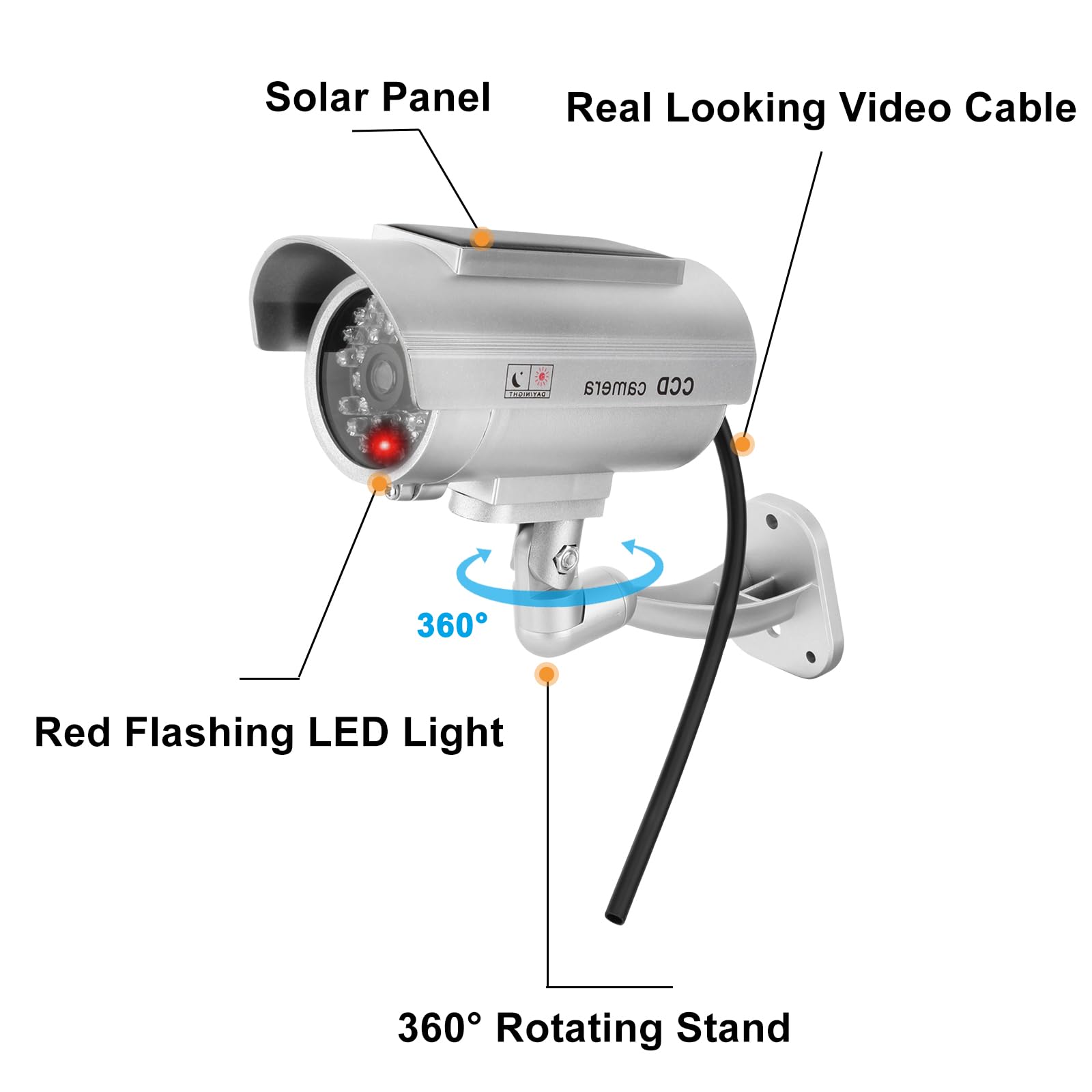 2 Pack Fake Security Camera with Flashing LED & Warning Stickers - Waterproof Dummy CCTV for Indoor/Outdoor Use - Deter Burglars for Home, Garage, Office & Retail Stores (Silver)