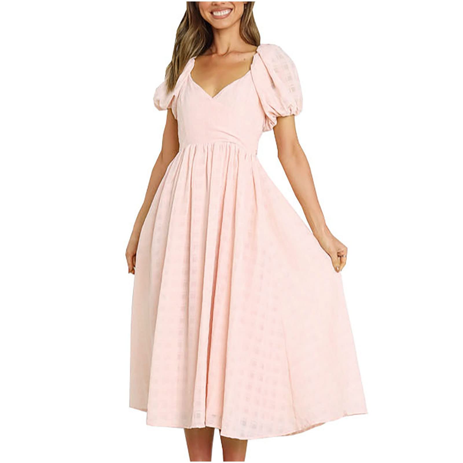 Women's Bohemian Beach Sundress - V-Neck Short Sleeve Solid Color Midi Dress for Summer | Perfect for Vacations, Pool Parties & Casual Outings