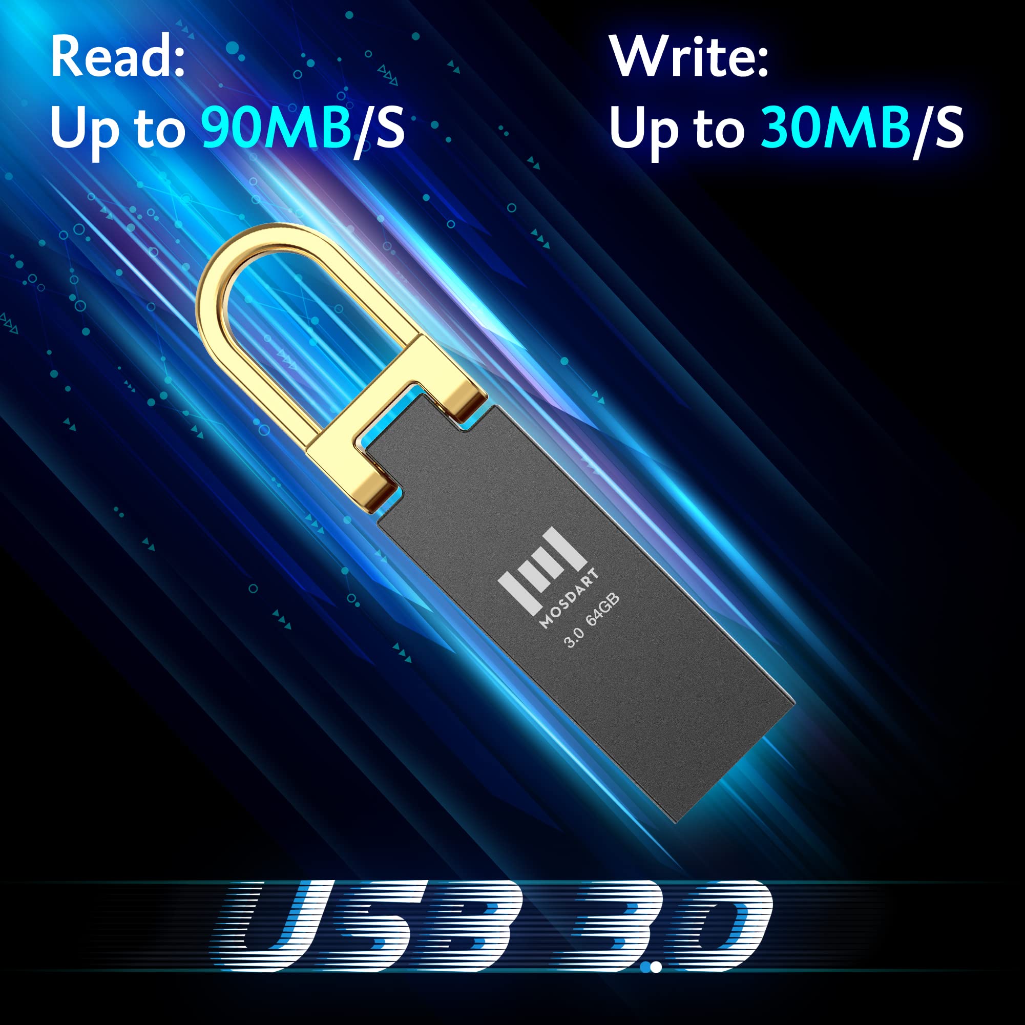 MOSDART 64GB Waterproof USB 3.0 Flash Drive - High Speed 90MB/s, Metal Keychain Memory Stick with exFAT Format - Perfect for System Backup, Data Storage, File Transfer (3-Pack, Black) - Ideal for Office, School, Travel & Outdoor Use