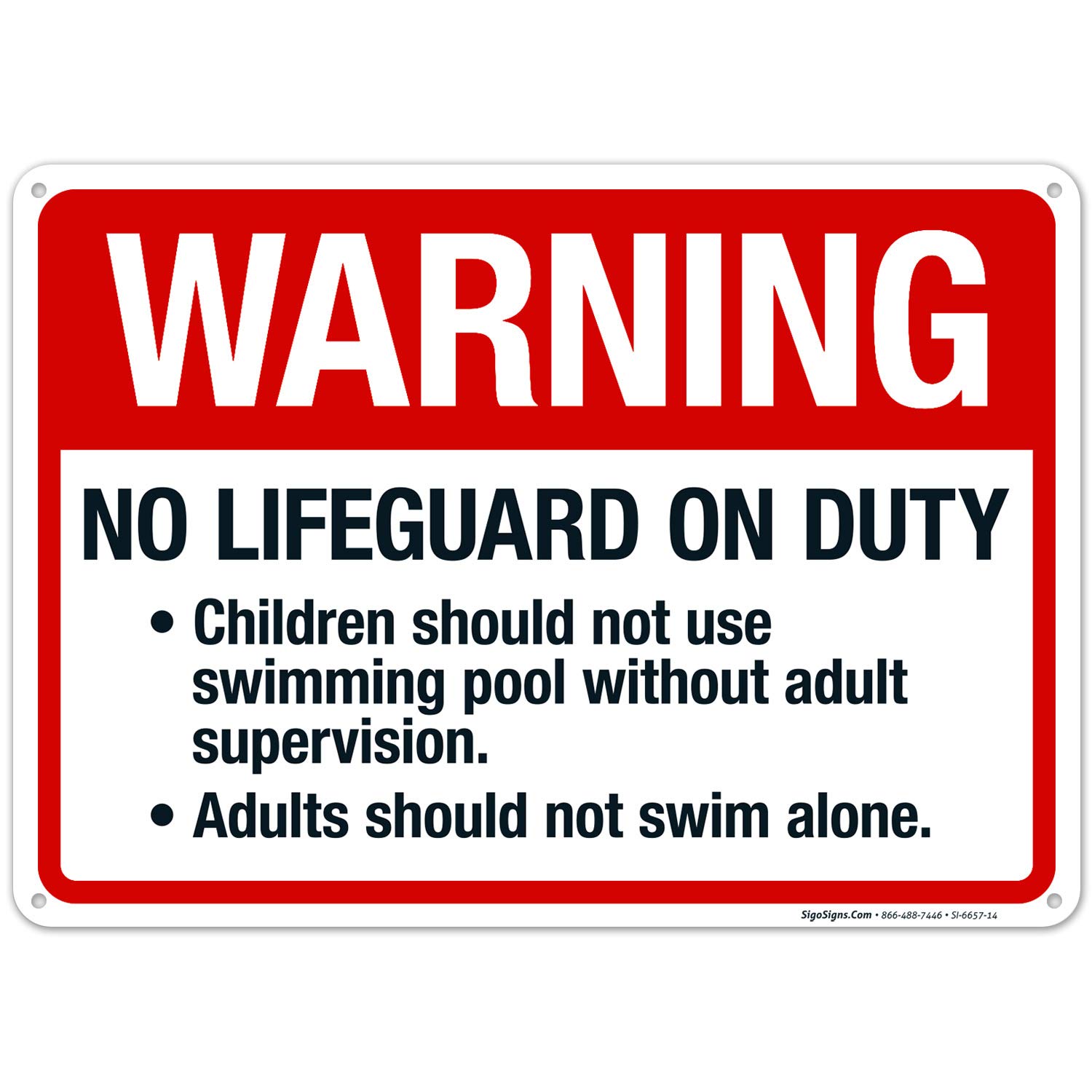 No Lifeguard On Duty Sign - 10x14 Inches Rust-Free .040 Aluminum Pool Safety Sign, Fade Resistant for Indoor/Outdoor Use - Made in USA | Perfect for Swimming Pools, Water Parks & Backyard Safety