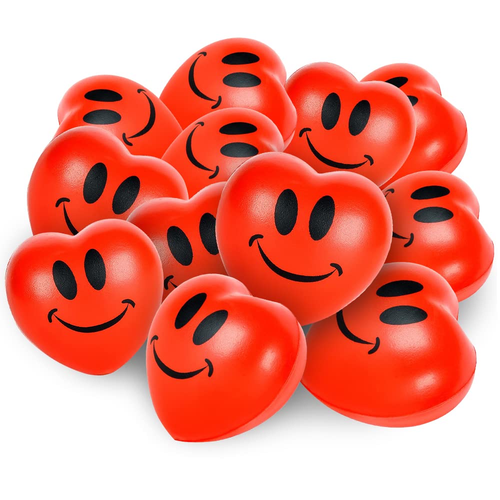 ArtCreativity 12-Pack Heart Stress Balls - 2.75 Inch Red Foam Squishy Toys with Smile Face for Stress Relief & Fun | Perfect for Valentine's Day Gifts, Easter Basket Stuffers, Party Favors, Classroom Rewards & Office Decor (Kids & Adults)