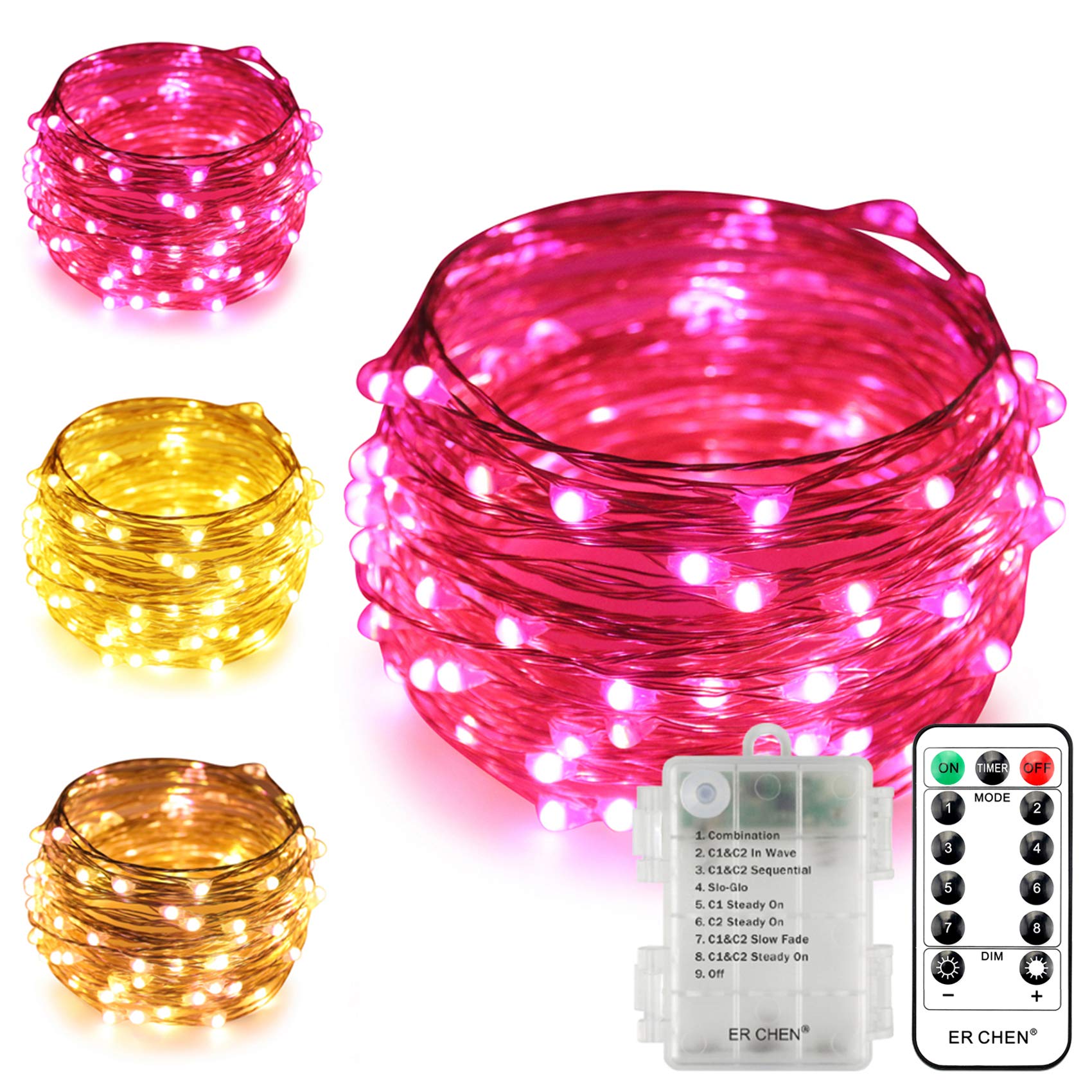 Dual-Color Battery Operated LED String Lights - 33ft 100 LEDs Color Changing Fairy Lights with Remote & Timer, Dimmable for Indoor/Outdoor Christmas Decor (Warm White & Pink) | Perfect for Bedroom, Wedding, Party, Garden & Holiday Lighting