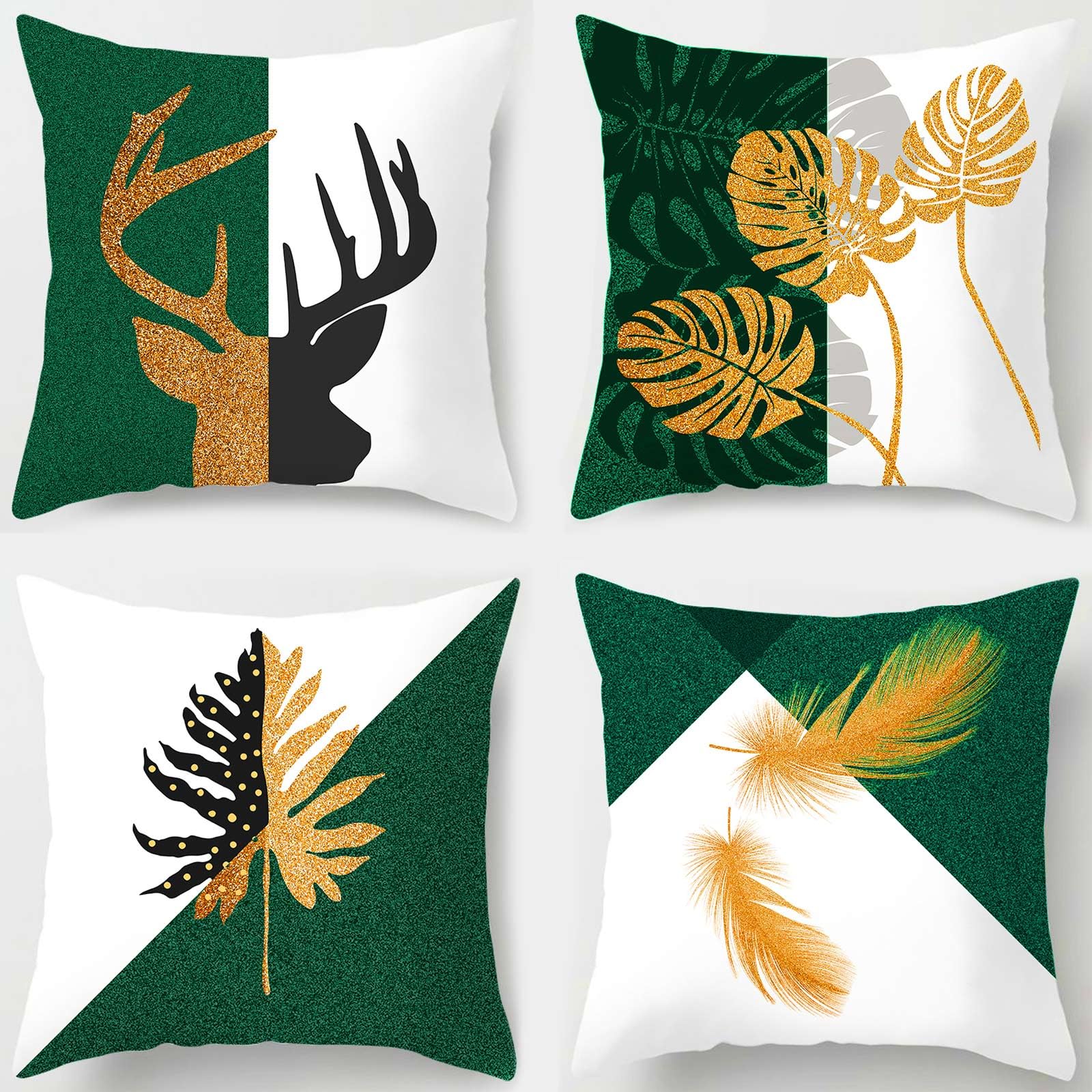 Waterproof Outdoor Pillow Covers Set of 4 - 18x18 Inch Deer & Gold Foil Leaf Design Cotton Linen Cushion Covers - Perfect for Patio Furniture, Garden Decor, Christmas & New Year Home Decoration