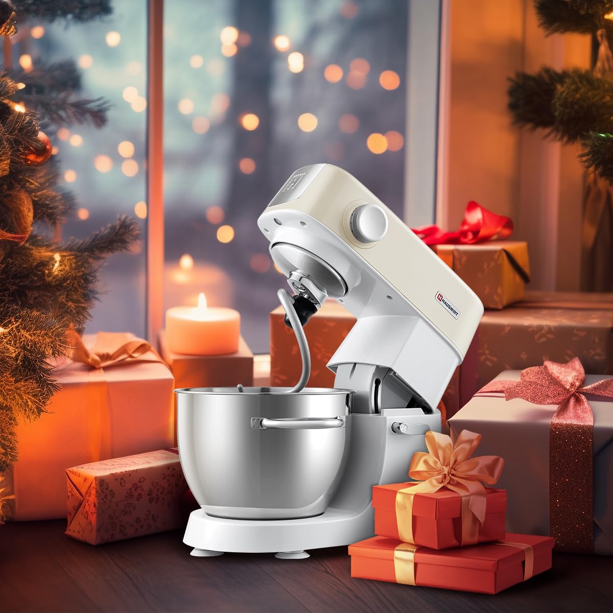 Hauswirt M5C 500W 5.4Qt Tilt-Head Stand Mixer - 8 Speed Electric Kitchen Mixer with Dough Hook, Wire Whip & Beater (Ivory White) - Perfect for Baking Bread, Cakes, Cookies & More