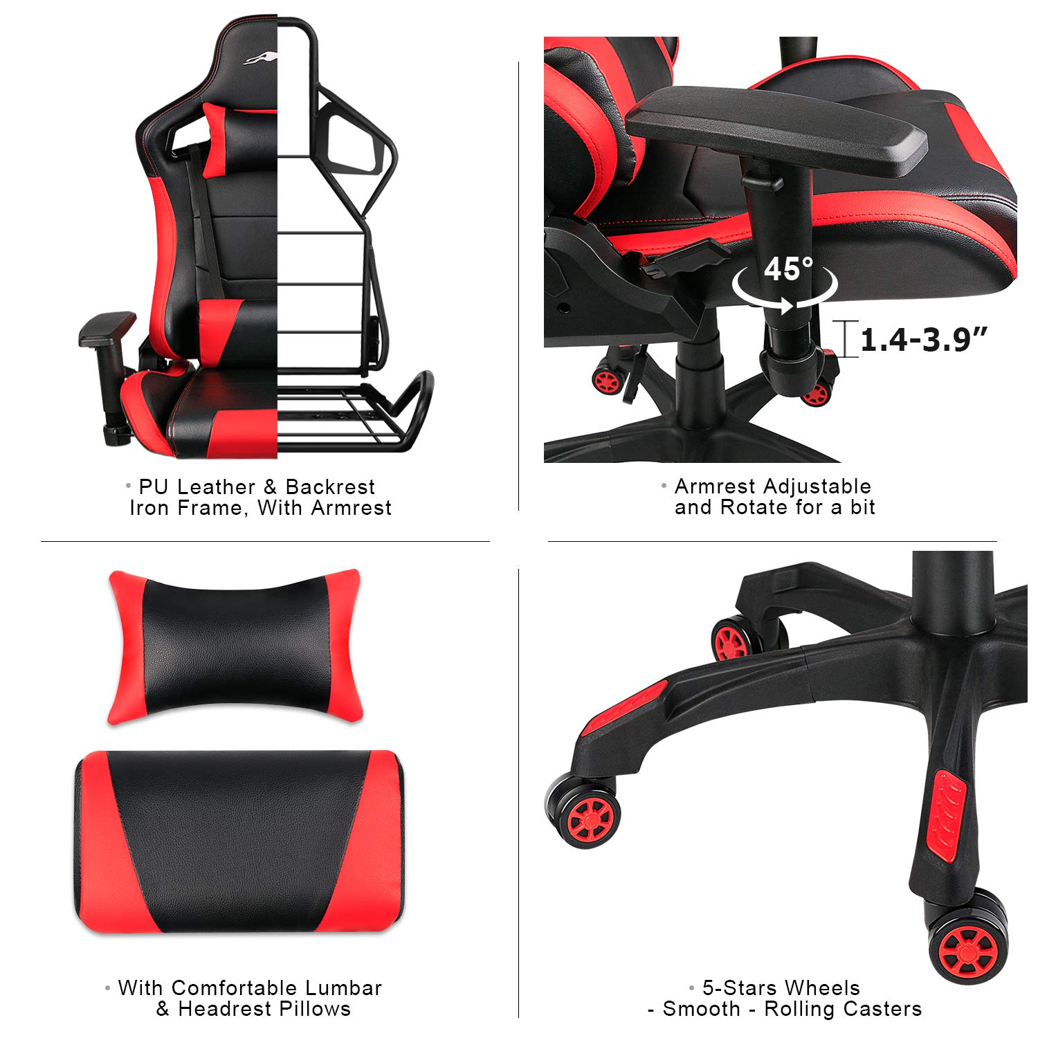 Premium Leopard Print Gaming Chair - Ergonomic High Back PU Leather Office Chair with Adjustable Height, 360° Swivel & Lumbar Support - Perfect for PC Gaming, Esports & Home Office (Black/Red)
