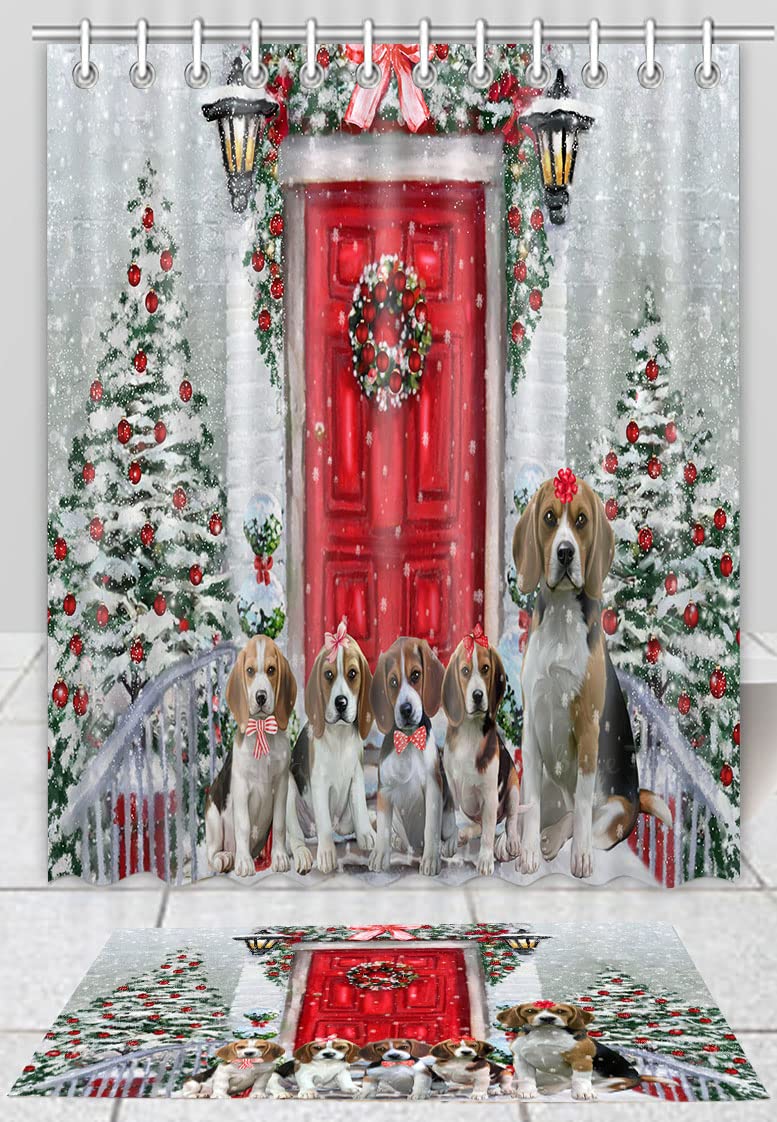 Christmas Holiday Welcome Beagle Dog Shower Curtain & Bath Mat Set - Anti-Slip Bathroom Decor, Plush Rug & Polyester Bathtub Curtain with Hooks (Mat 16''x28'', Curtain 48''x72'') - Perfect for Pet Lover's Bathroom, Holiday Gift & Cozy Home Decor