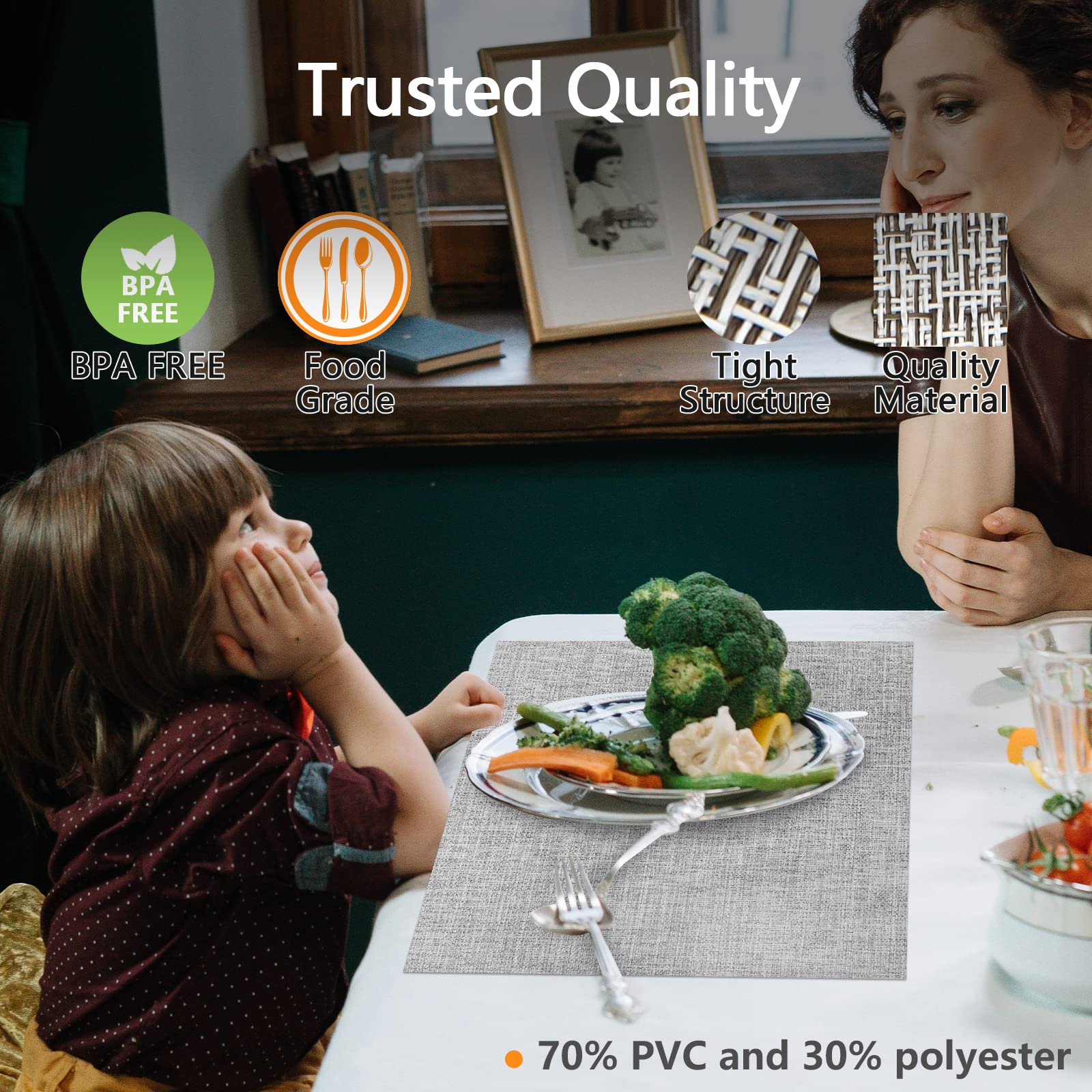 6-Piece Woven Vinyl Placemats Set - Waterproof & Washable for Indoor/Outdoor Use - Smoky Grey Table Mats for Dining, Patio, Picnic & Kitchen Decor