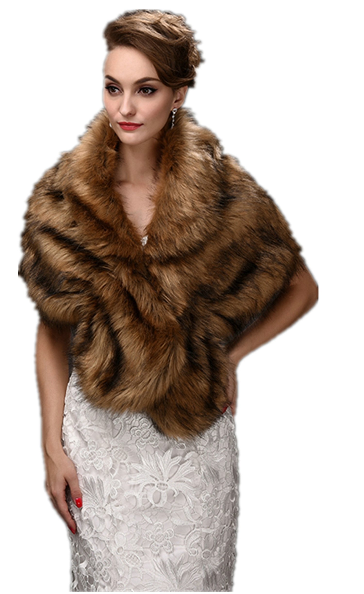 Elegant Brown Faux Fur Wedding Jacket Wrap Shawl - Bridal Party Evening Gown Cover for Winter Weddings, Formal Events & Special Occasions