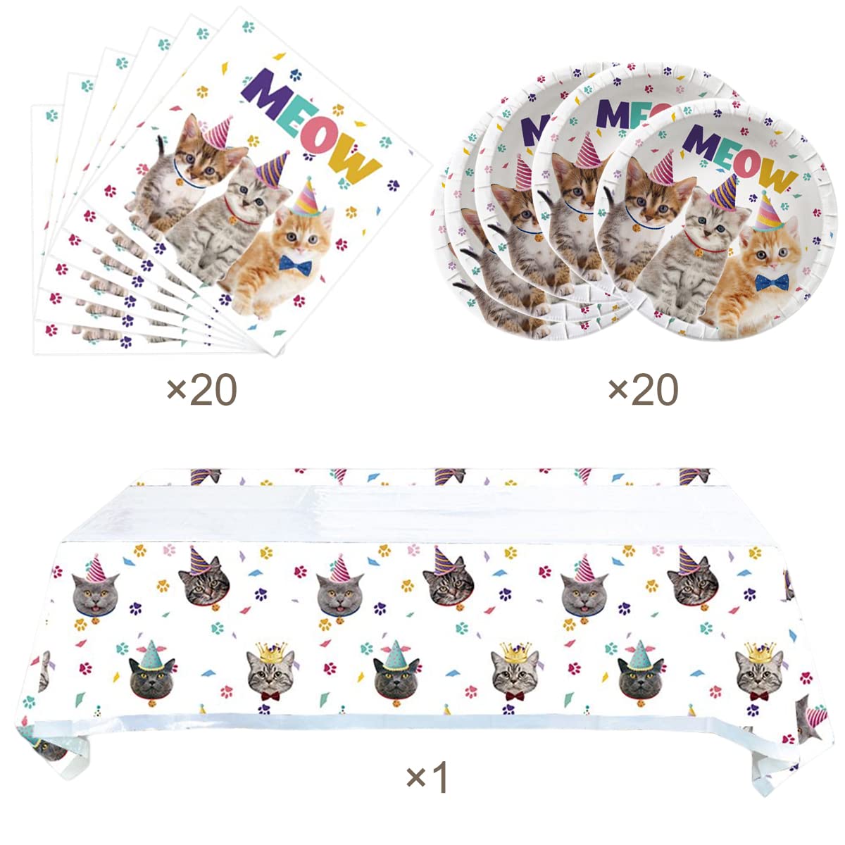 Cat Themed Party Supplies - 20 Plates, 20 Napkins & 71