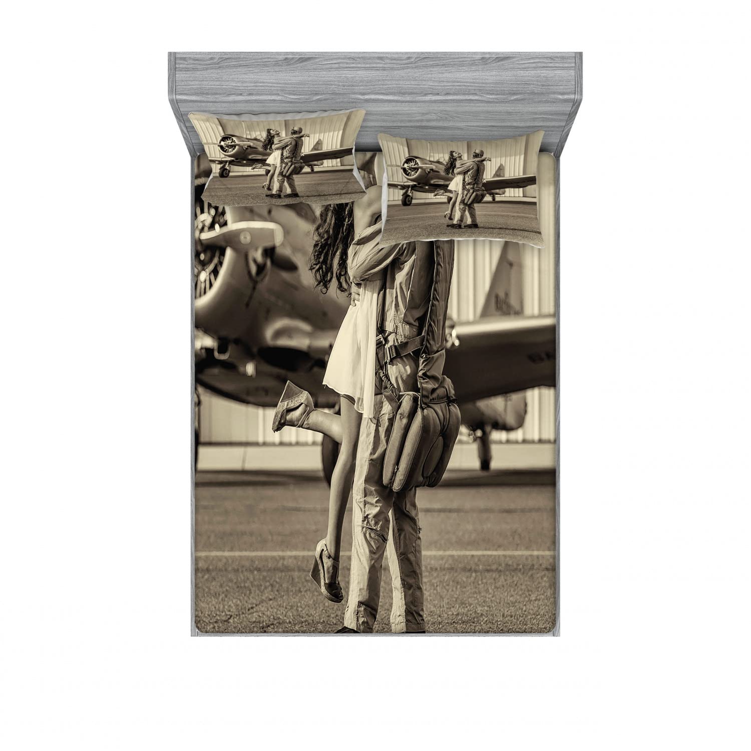 Vintage Airplane 2-Piece Queen Size Fitted Sheet Set with 4 Pillow Shams - Sepia Tone Retro Aviation Bedding Collection for Home Decor & Guest Room Styling