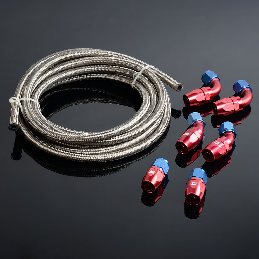 PIT66 AN10 16.4Ft Stainless Steel & Nylon Braided Fuel Line Hose Kit with Fitting Adapters (21mm OD, 14mm ID) - High Performance for Automotive, Marine & Industrial Fuel Systems