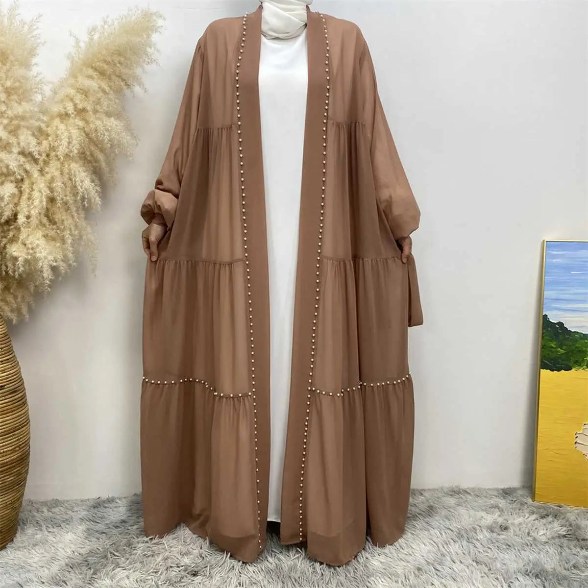 Elegant Muslim Women's Chiffon Beaded Open Abaya Dress - Modest Islamic Prayer Dress for Mosque, Eid & Special Occasions