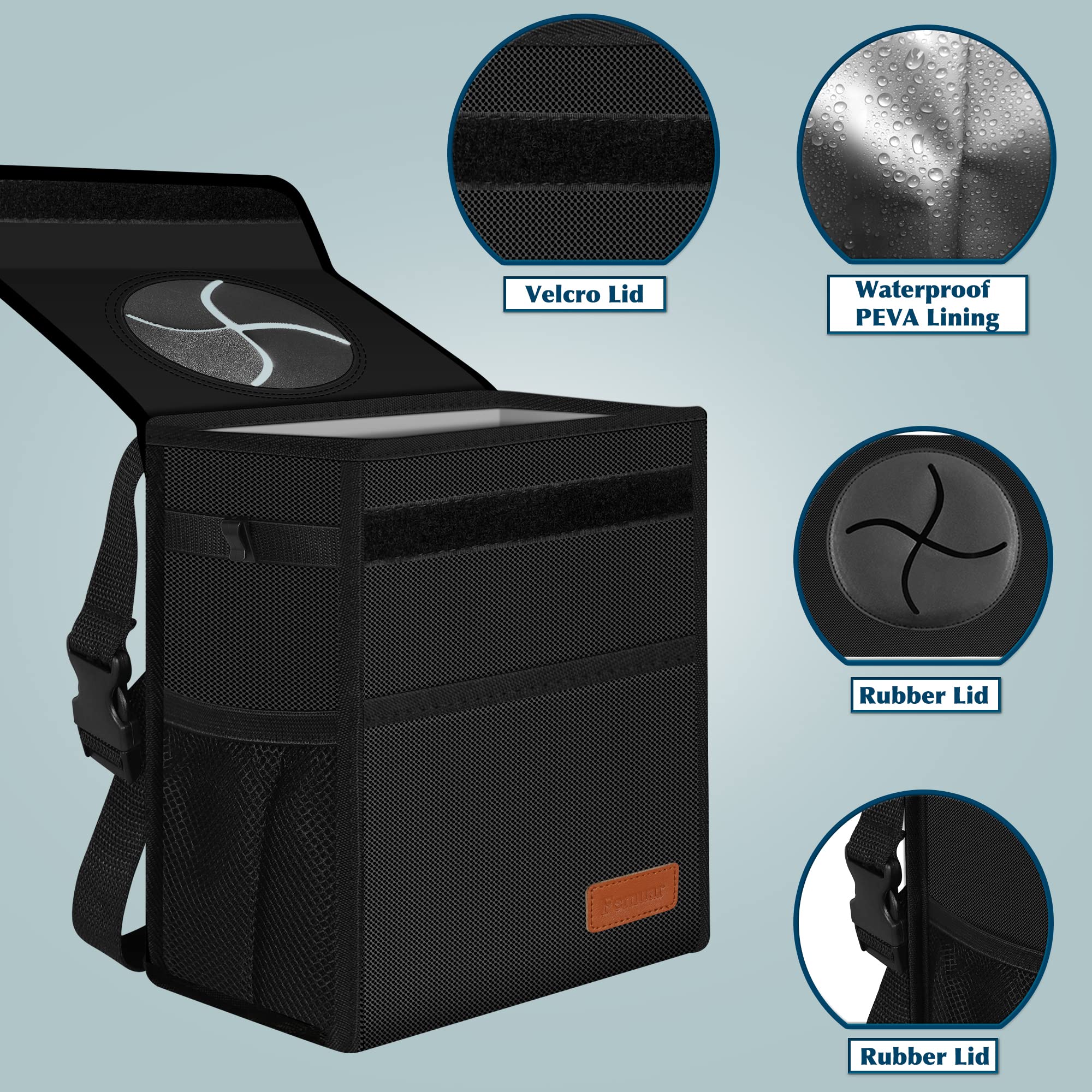 Femuar Leak Proof Car Trash Can with Lid - Waterproof Auto Garbage Bin for SUVs, Trucks & Sedans | Collapsible Portable Car Trash Bag for Road Trips & Daily Commute | Black