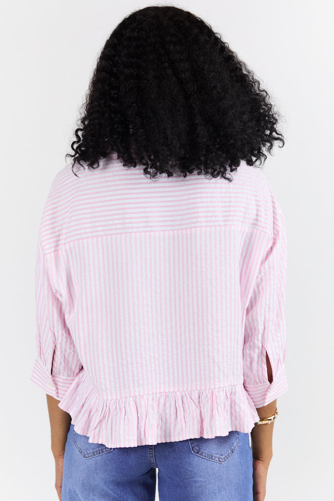 Stylish Pink Ruffle Hem Striped Button Down Blouse for Women - Trendy Textured Shirt for Office, Date Night & Casual Outfits