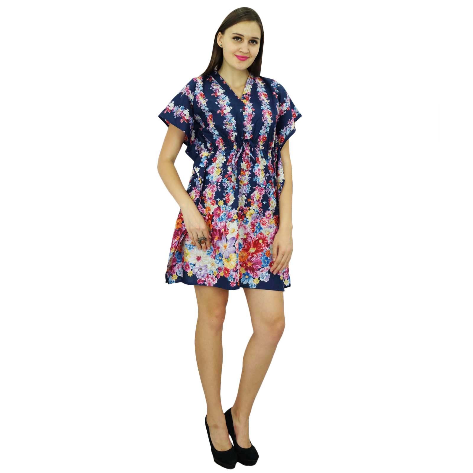 Bohemian Printed Cotton Kaftan Dress for Women - Short Sleeve Beach Tunic, Lightweight Summer Cover Up, Blue Floral Design | Perfect for Beach Vacations, Pool Parties, and Casual Outings