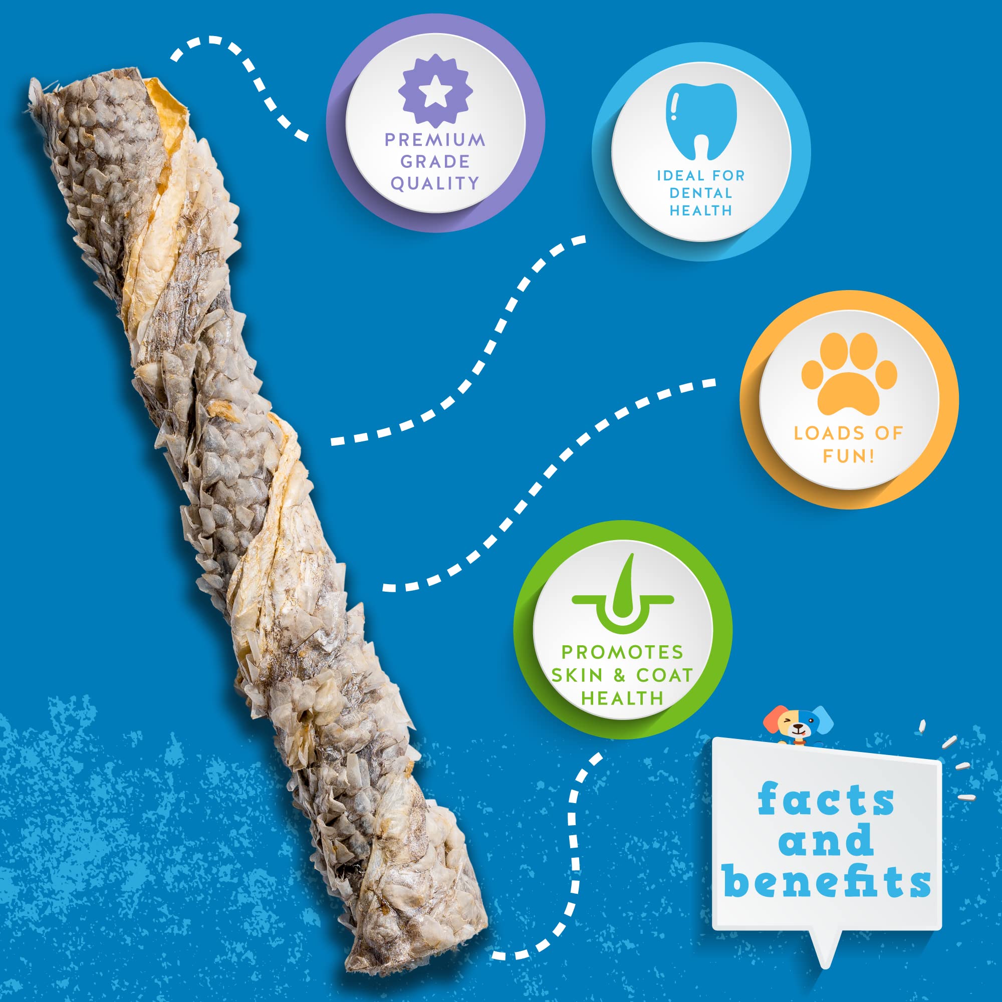 Jack&Pup Single Ingredient Fish Skin Dog Treats | All Natural Omega-3 Rich Chews for Puppies & Adult Dogs (18 Pack) | Healthy Training Rewards & Dental Snacks for Pets