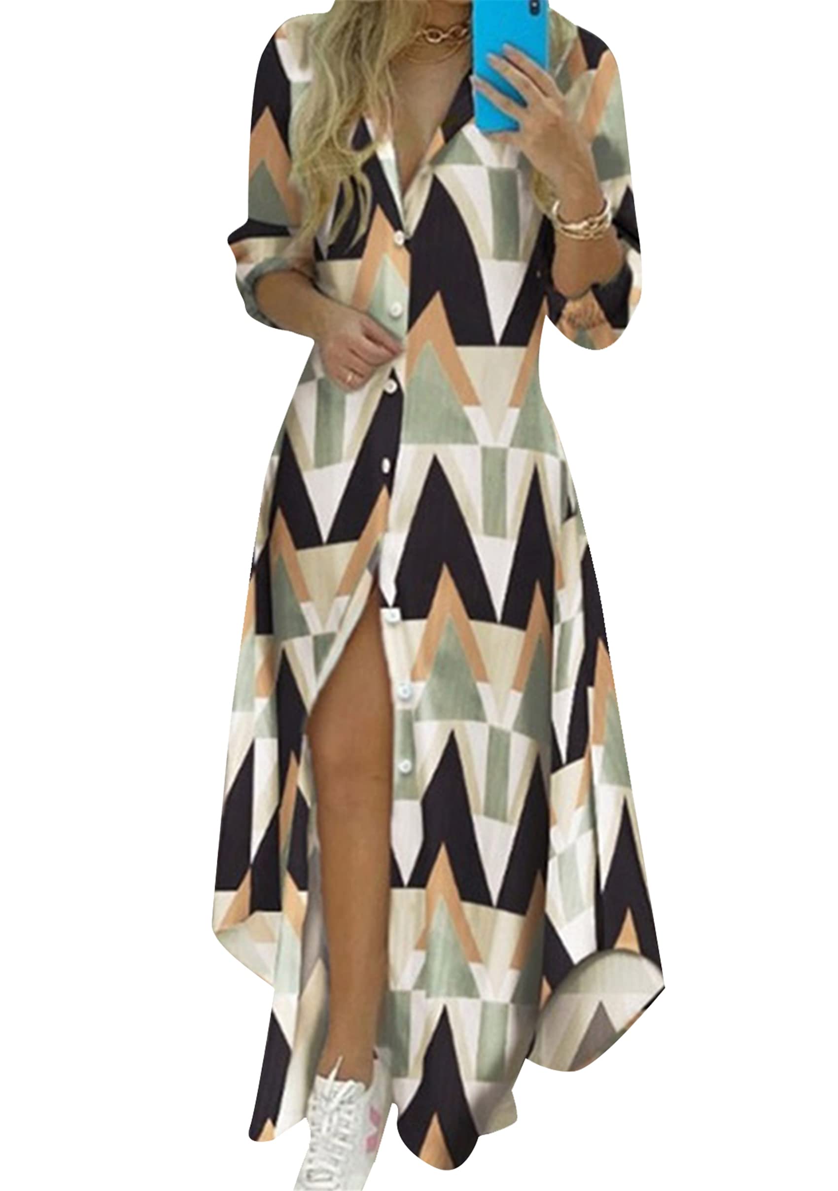 YMING Women's Long Sleeve Floral Print Button Down Maxi Dress - Casual Loose Fit Split Blouse Shirt Dress for Work, Date Night & Spring Outfits