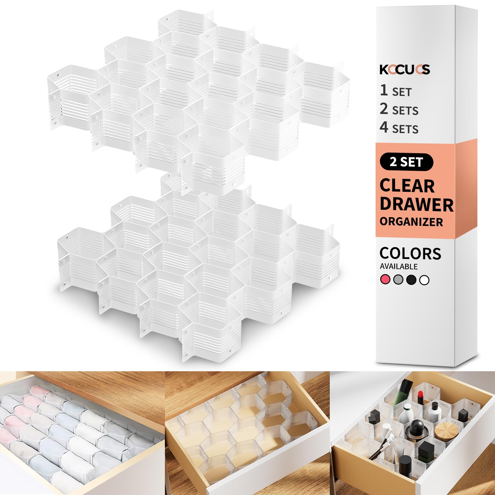 Adjustable Honeycomb Drawer Organizer Divider - Underwear, Belt, Scarf & Sock Storage Solution (White, 2-Pack) | Perfect for Closet, Dresser & Travel Organization