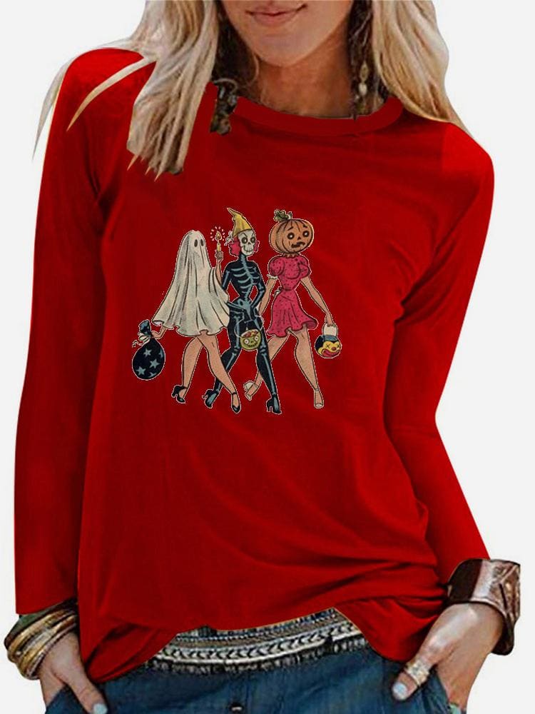 Lovevop Women's Casual Cartoon Halloween Print Long Sleeve T-Shirt - Cute Graphic Tee for Halloween Parties, Cosplay & Everyday Wear