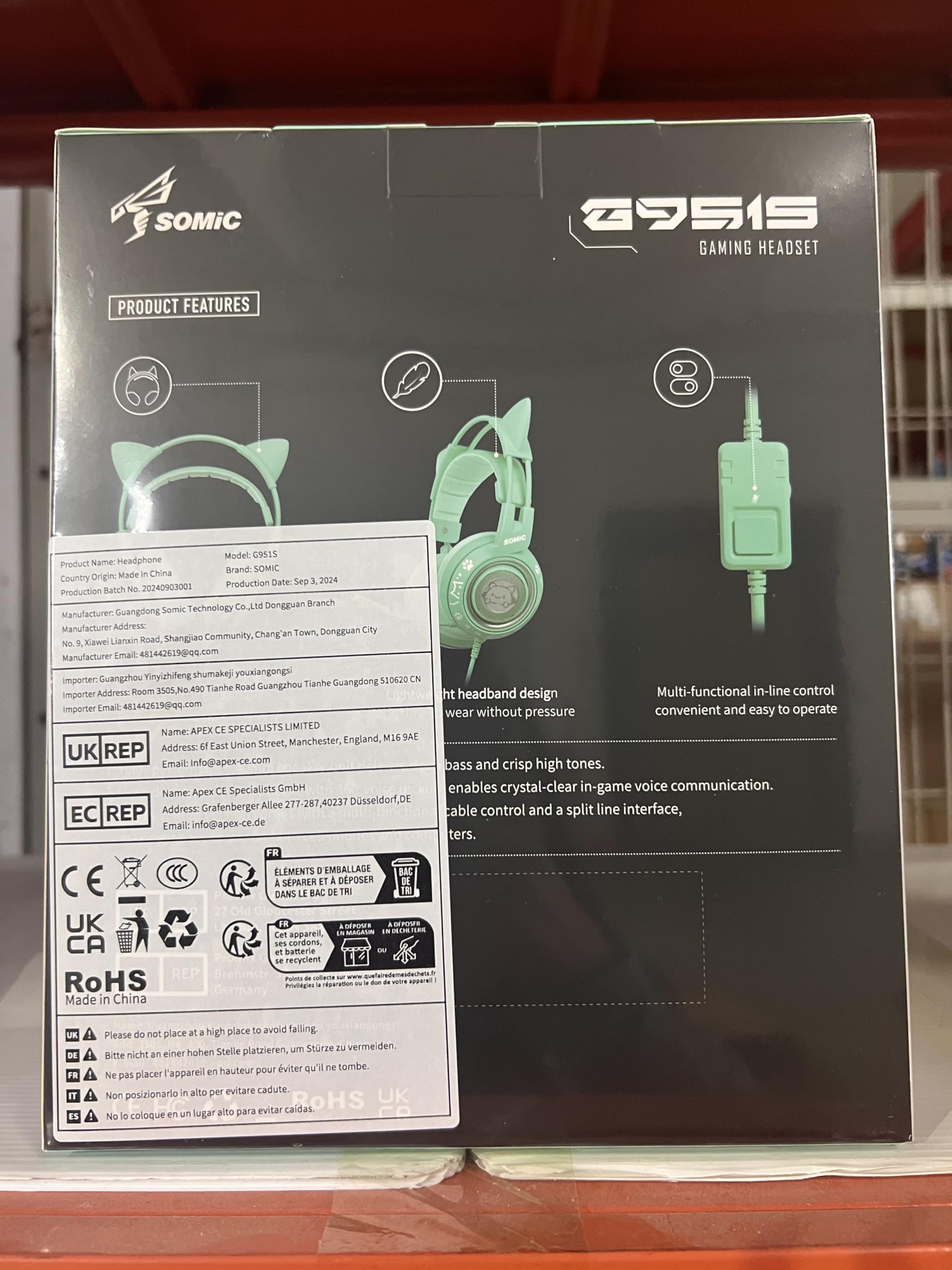 SOMiC G951S Green Cat Ear Gaming Headset with Microphone - Noise Cancelling Over-Ear Headphones for PS5, PS4, Xbox One, PC - Stereo Sound with In-Line Mic Control - Perfect for Women Gamers, Streaming & Online Classes
