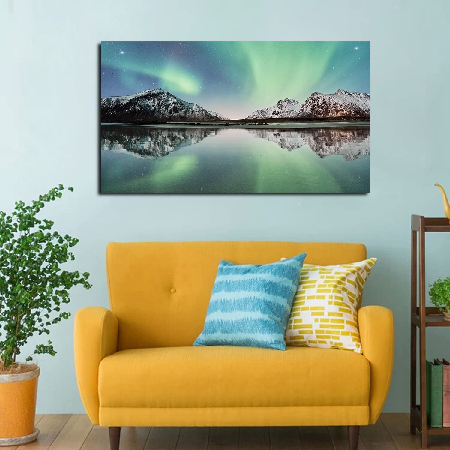 Lake Reflection Aurora Mountains Canvas Wall Art - Northern Lights Framed Painting for Home, Office, Bedroom & Living Room Decor | Ready to Hang | Nature Inspired Scenery for Relaxation & Meditation Spaces