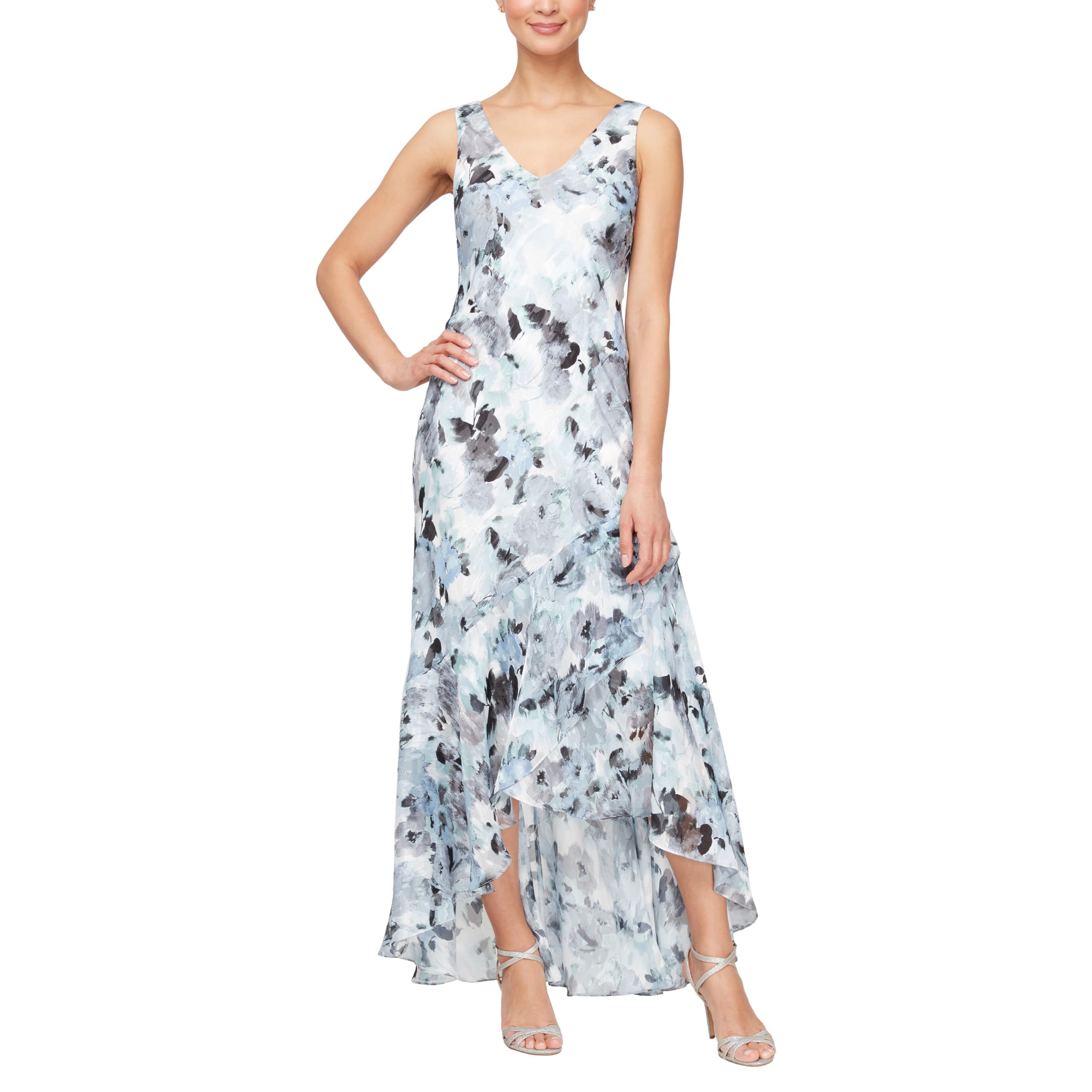 Alex Evenings Women's Sleeveless Printed Chiffon Midi Dress with Jacket - Mother of The Bride Spring/Summer Formal Gown with High-Low Hemline - Perfect for Weddings, Cocktail Parties & Special Occasions
