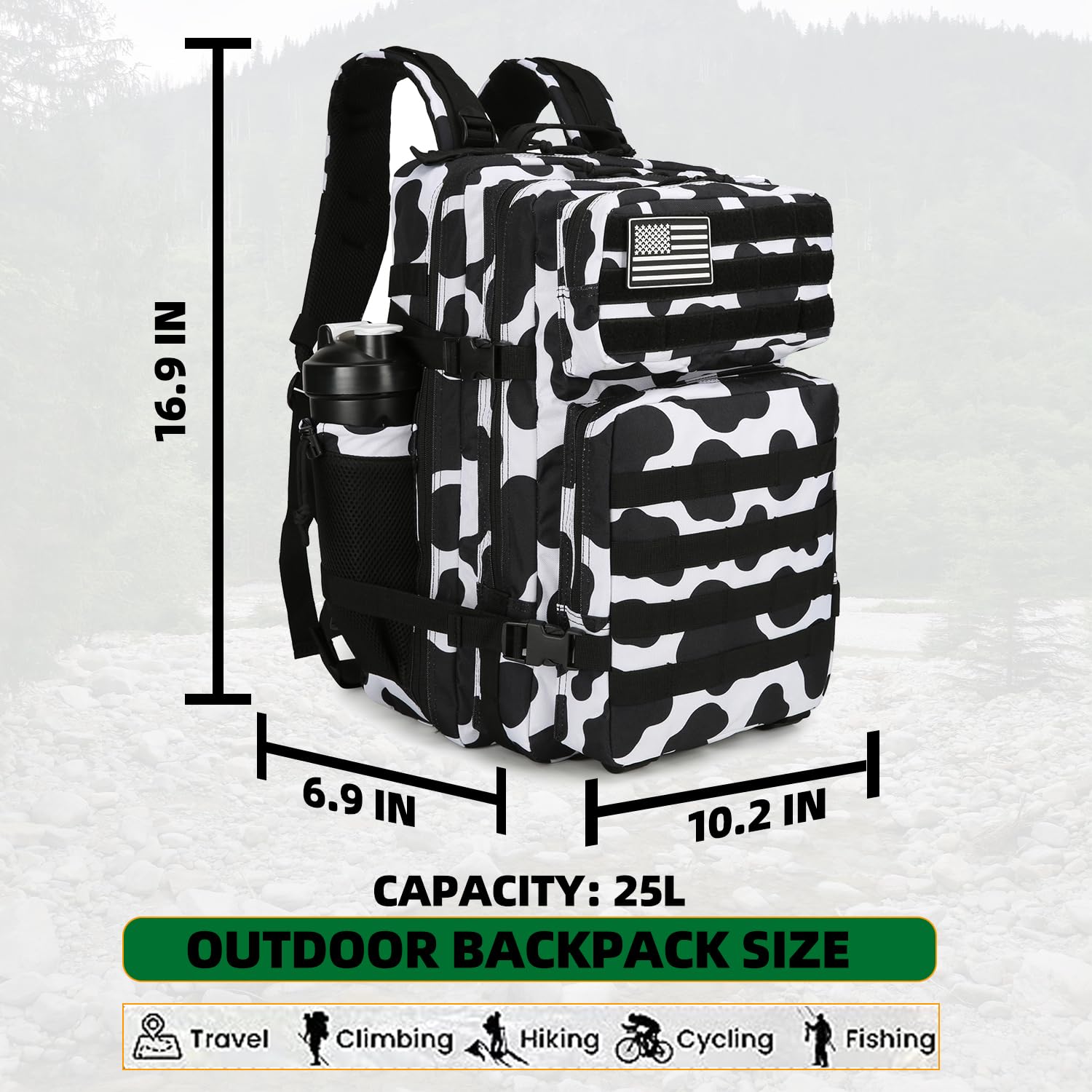 25L Tactical Backpack - Military Grade Molle Backpack for Men & Women - Small Assault Pack for Outdoor Travel, Hiking, Camping & Survival Gear - Durable Cow Print Rucksack for Adventure & Everyday Use