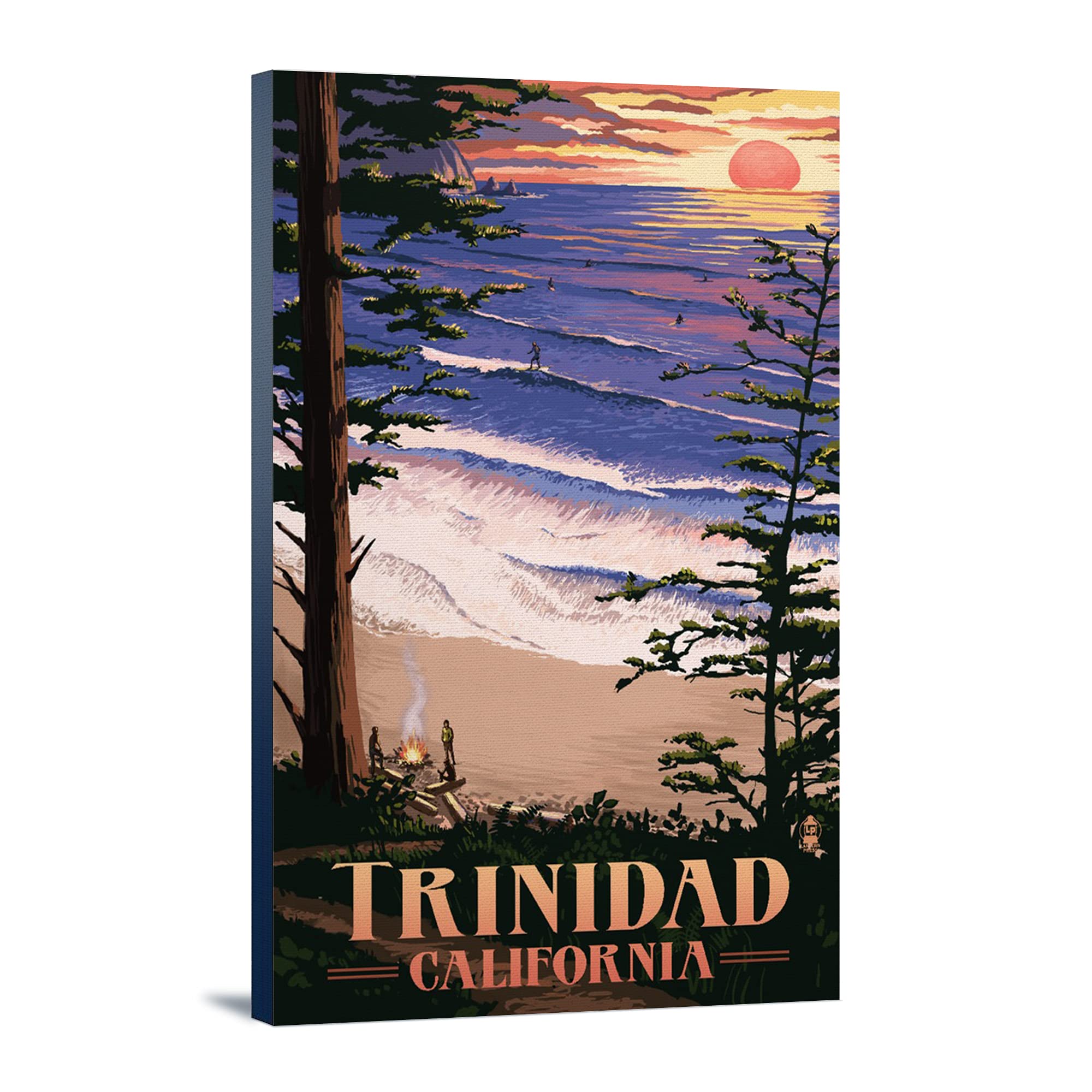 Lantern Press Trinidad California Sunset and Surfers Wall Art - 16x24 Wrapped Canvas Print for Beach House Decor, Coastal Living Room, Office or Gift