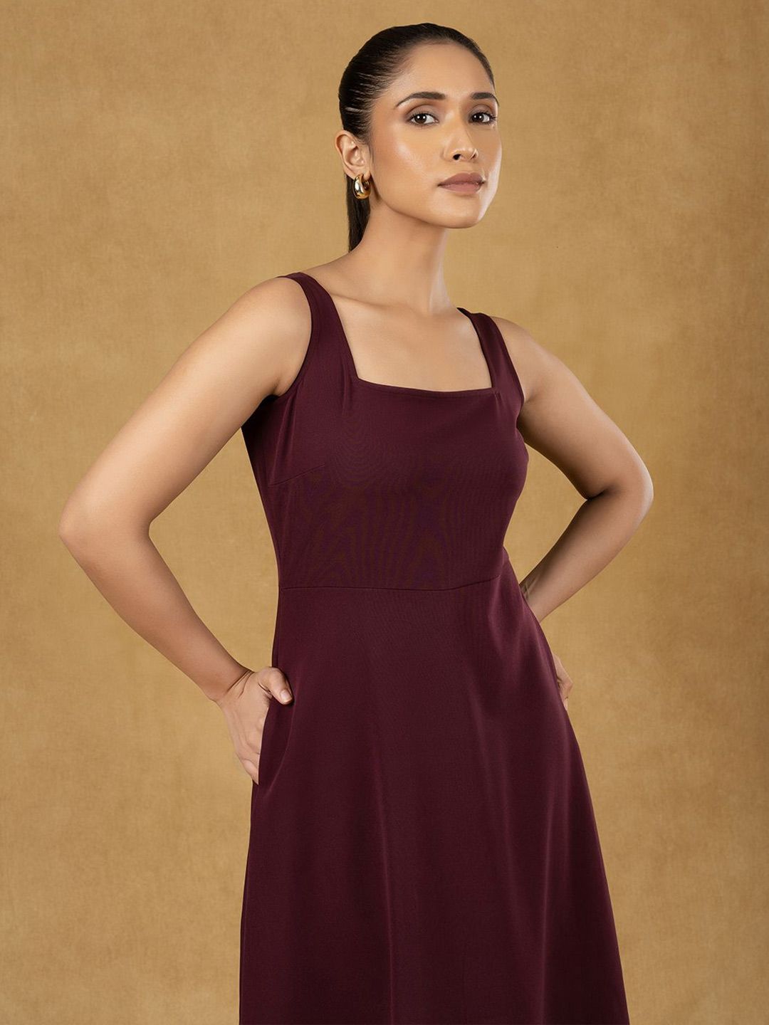Burgundy Solid Strappy Fit and Flared Dress for Women - Elegant Party, Wedding, Cocktail & Evening Wear