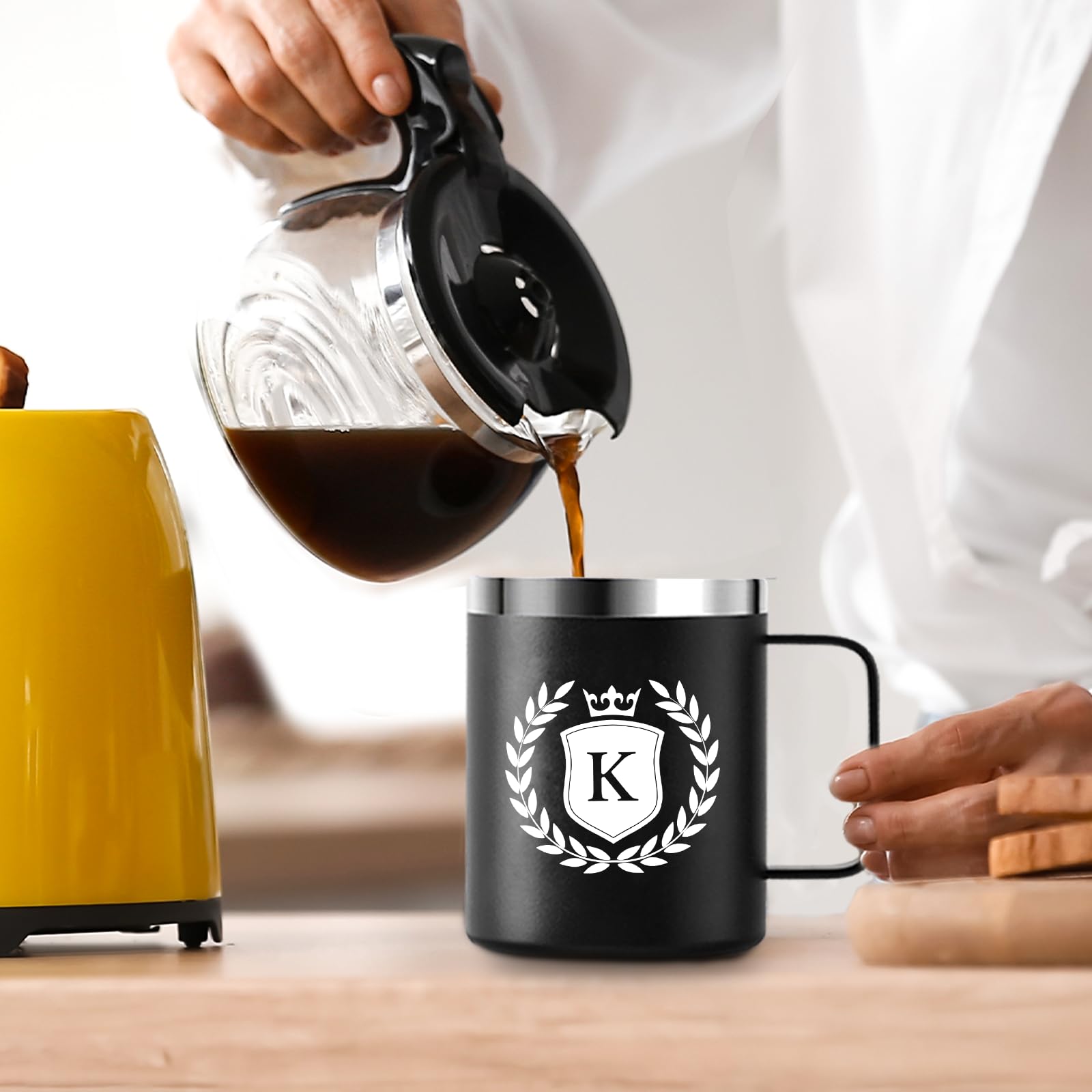 **Personalized Coffee Mug with Initial K - Custom Monogrammed Gifts for Men & Women - 12oz Insulated Travel Mug with Lid - Perfect for Christmas, Birthday, Anniversary & Romantic Gifts - Ideal for Office, Home & Travel Use**