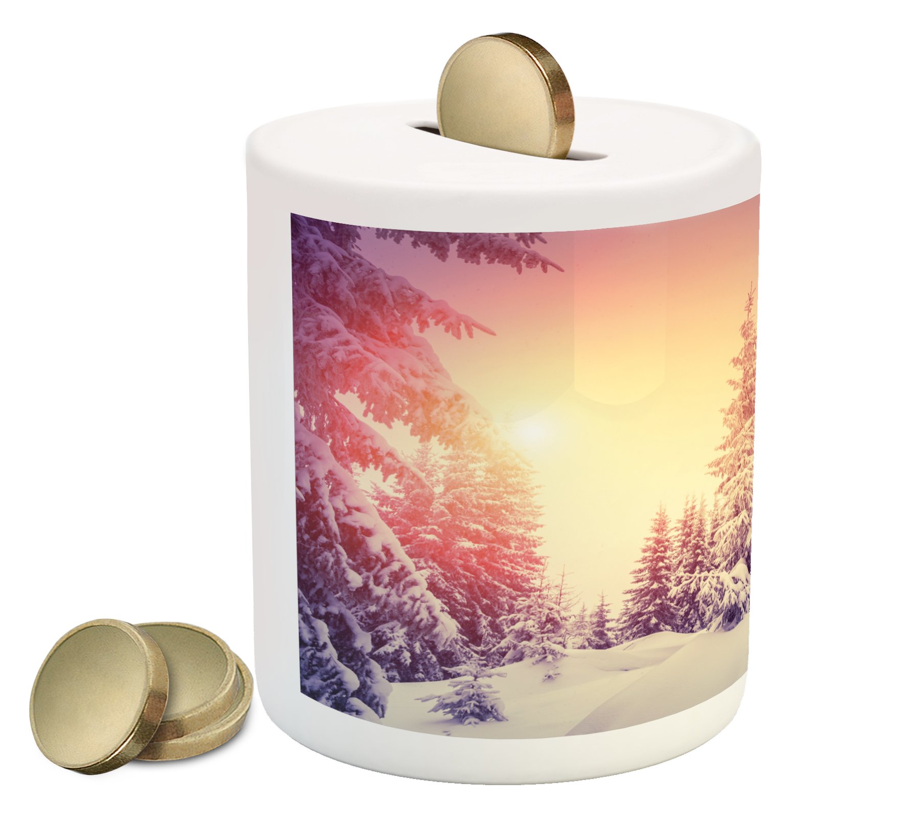 Ambesonne Winter Piggy Bank - Ceramic Coin Bank with Wintry Landscape & Rising Sun Design for Cash Savings | Retro Money Box for Home, Office, or Gift (Multicolor)