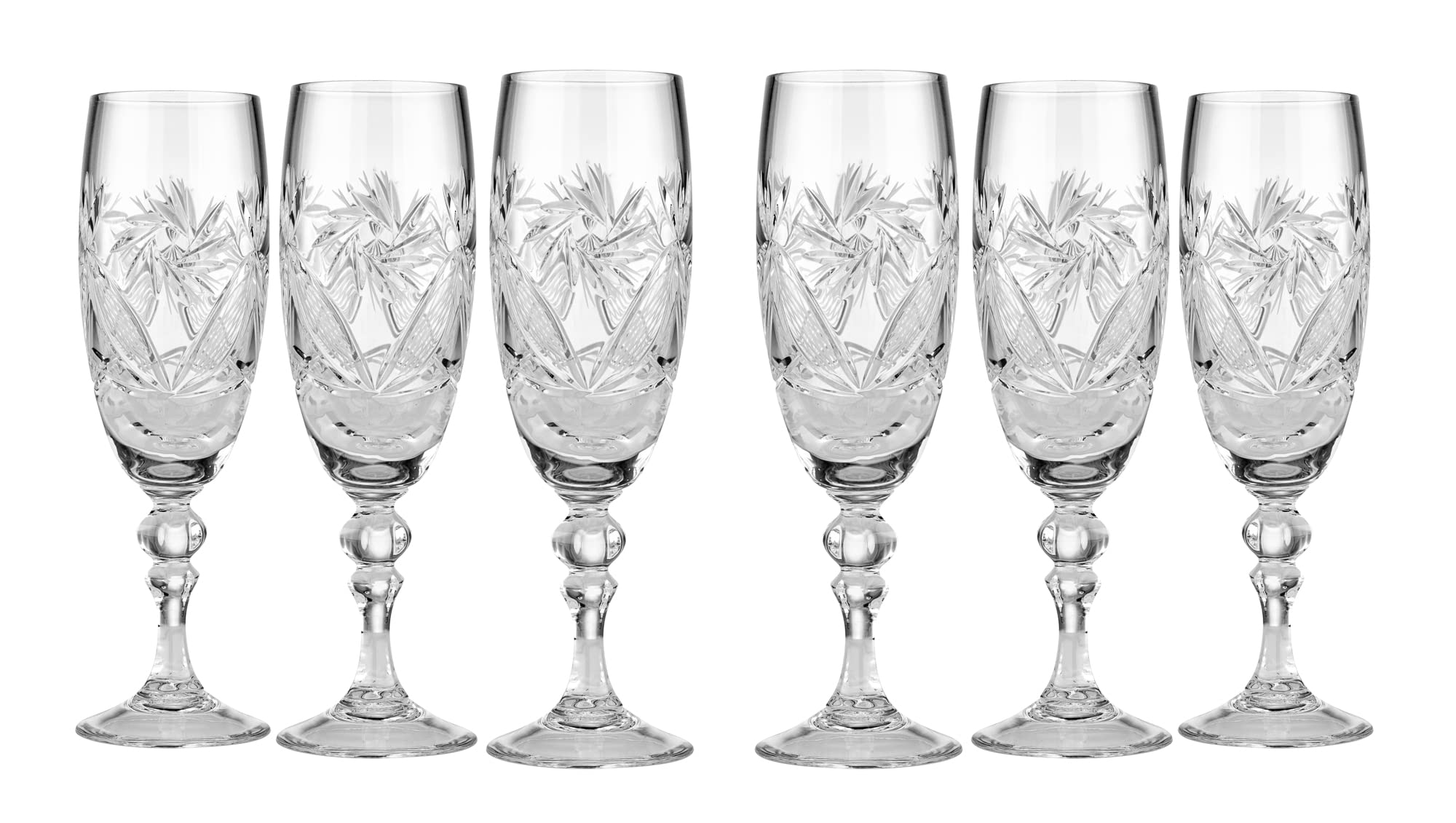 Premium 6-Piece Russian Cut Crystal Champagne Glasses Set - 200ml/6.8oz Handmade Stemware for Weddings, Anniversaries & Special Occasions