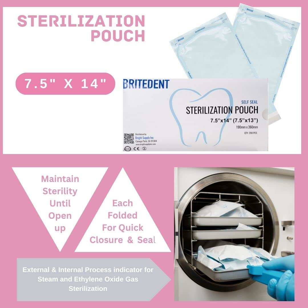 Self-Sealing Sterilization Pouches 7.5” x 13” - 200 Autoclave Sterilizer Bags for Dental & Medical Tools with Triple Check Technology | Easy-Open Design | Ideal for Clinics, Hospitals & Dental Offices
