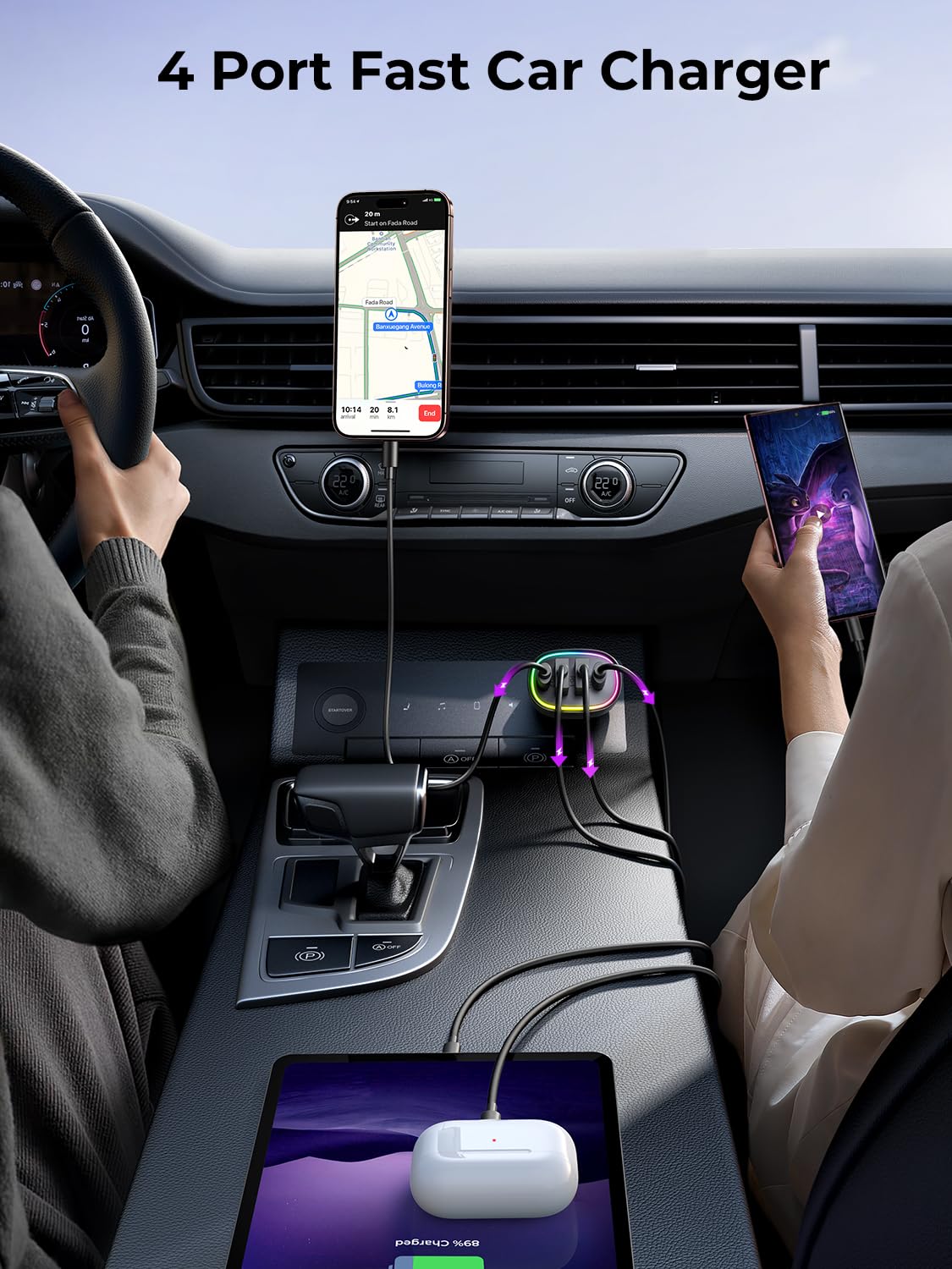 70W 4-Port USB C Car Charger Fast Charging Adapter - Compatible with iPhone 16, Android & More - Perfect for Family Road Trips & Long Commutes