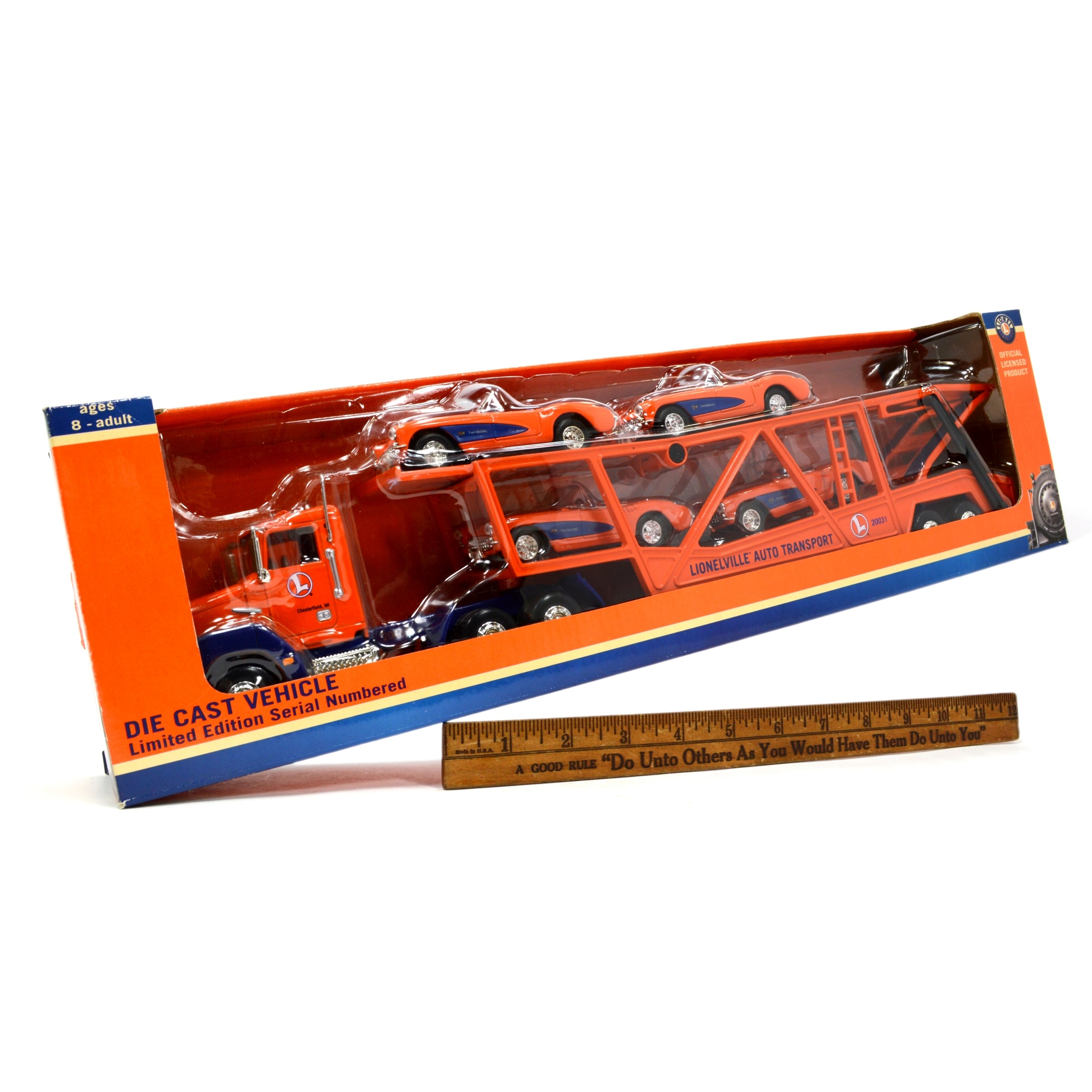 New in Box Lionel Lionville Auto Transport Diecast Car Carrier with 4 Cars - Perfect for Train Sets, Collectors & Kids Playroom Scenes