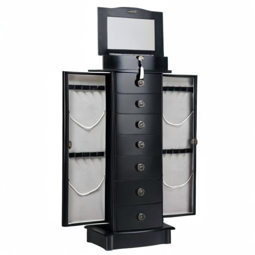 Noelle Locking Jewelry Armoire with Mirror & 7 Drawers - Necklace, Earring Organizer for Bedroom