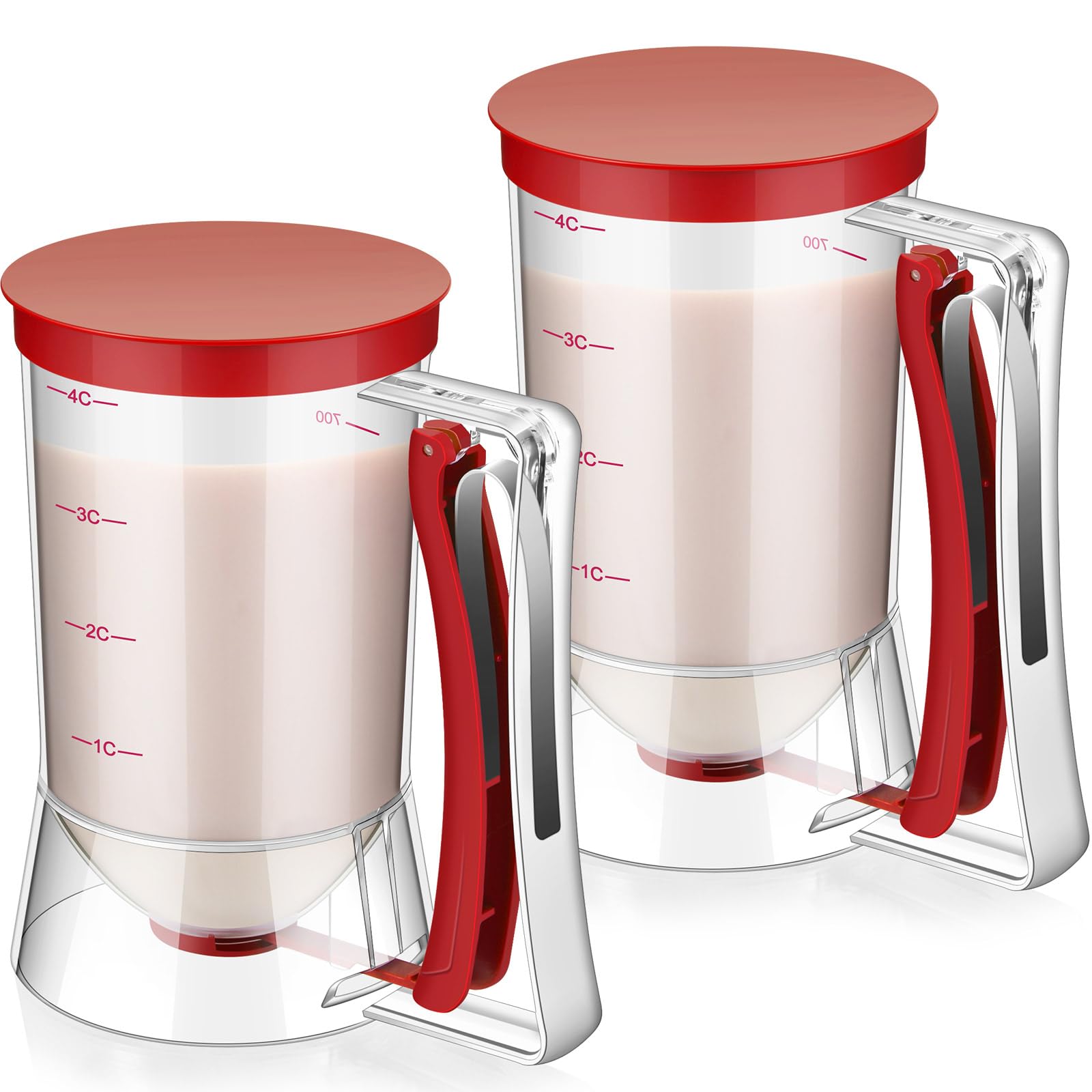 2 Pack Pancake & Cupcake Batter Dispenser with Squeeze Handle - 4 Cup Measuring Griddle Mix Dispenser - Perfect Baking Tool for Cookies, Cakes & Waffles (Red) - Ideal for Breakfast, Brunch & Party Dessert Preparation