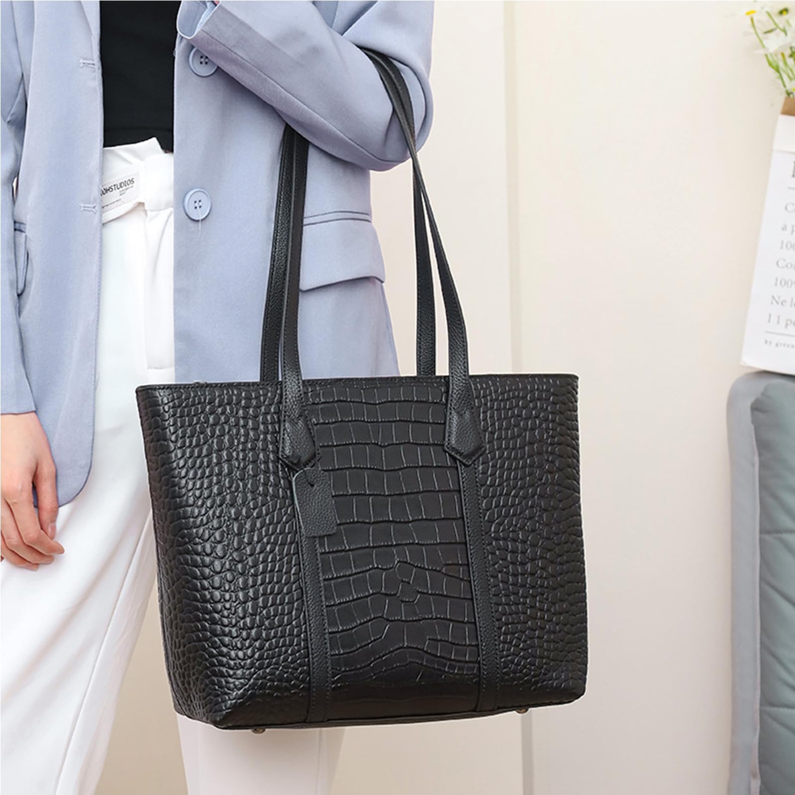 Premium Genuine Leather Tote Bag for Women - Spacious Large Capacity Work & Travel Shoulder Bag - Perfect for Office, Commute, Weekend Getaways & Shopping