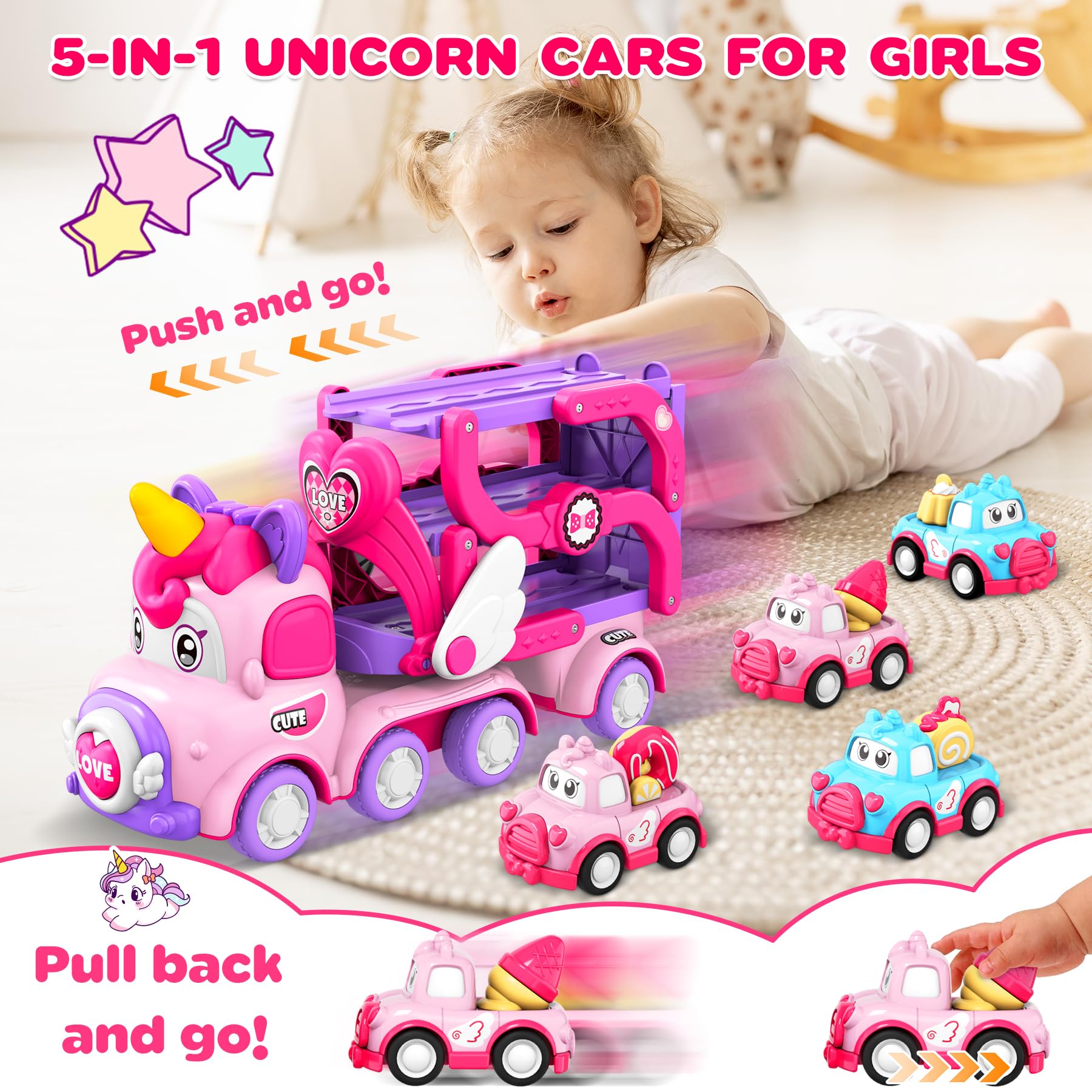 Pourbibi Auto Toy for Girls Ages 2-5 Years - Light & Music Truck Toy with Unicorn Design | Perfect Birthday & Christmas Gift for Toddlers | Pretend Play, Learning & Fun Transportation Toys for Kids