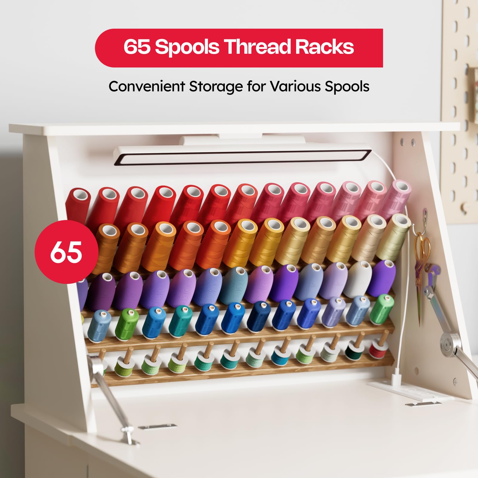 Multipurpose Sewing Table with Under Cabinet Lights & Charging Station - 65 Spool Thread Rack, Craft Storage Workspace with Organizer Shelves, Compact Design - Perfect for Quilting, Sewing Projects & DIY Crafting at Home